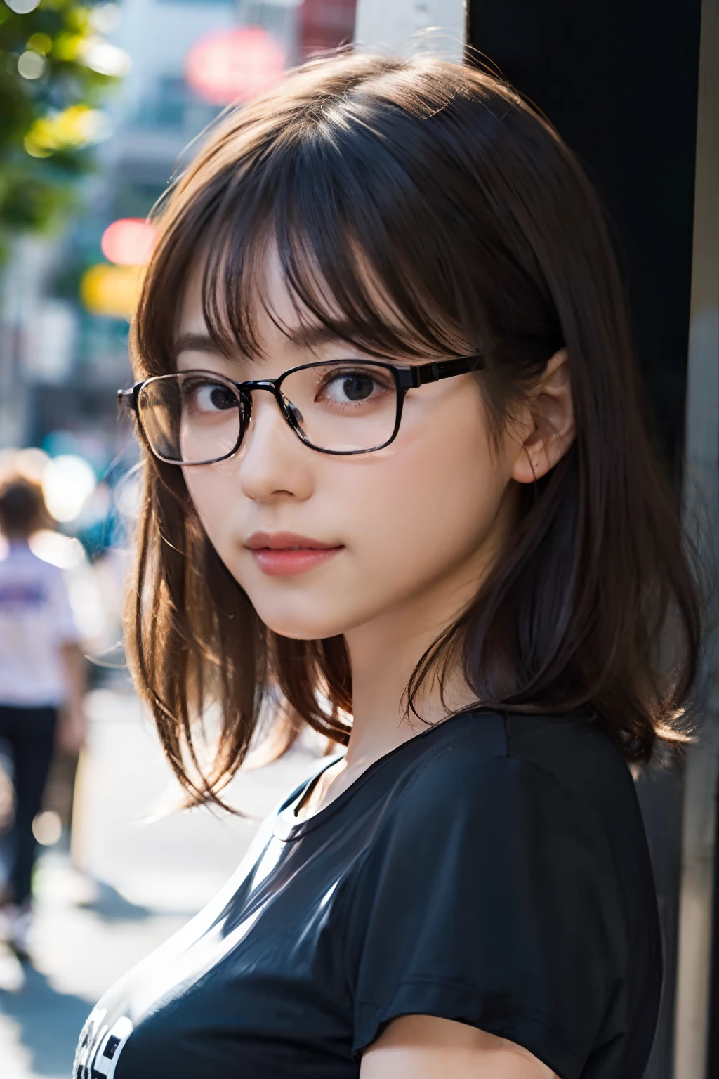 (8K、Raw photography、top-quality、masterpiece:1.2)、(realisitic、Photorealsitic:1.37)、ultra-detailliert、超A high resolution、 1 人、29yo、see the beholder、beautifull detailed face、Smile、Constriction、(Slim waist) :1.3)、Beautiful detailed skin、Skin Texture、well-shaped breasts、Floating hair、Hair bunched into one、(white t-shirts:1.4)、Professional Lighting、Autumn afternoon、In the street、(((Black Square Type Glasses )))、Whole human body、Black hair、((Shameful appearance))、