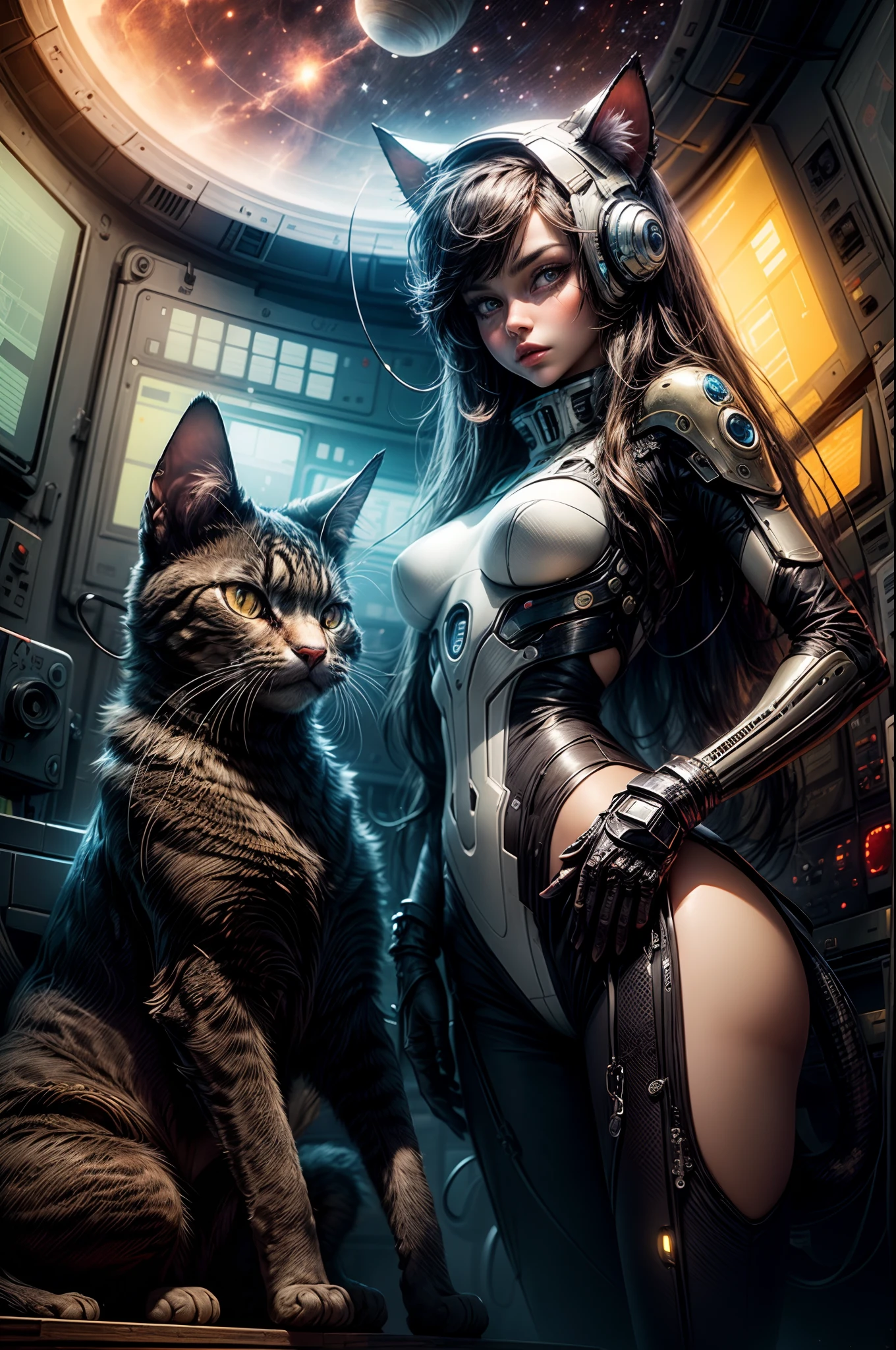 "Otherworldly cat-alien duo on an advanced spacecraft, orbiting alien worlds, science fiction masterpiece, intergalactic odyssey, (starry skies), (cutting-edge technology)