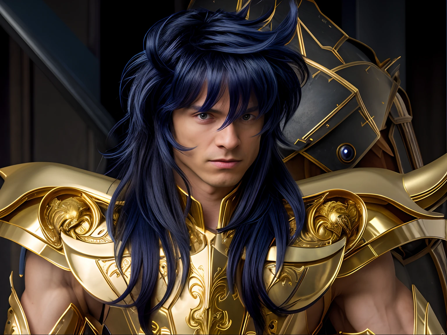 Cinematic stunningly detailed and ultra-realistic Milo Scorpio of Saint Seiya. Close up. He is wearing a golden detailed medieval armor. Shoulder armor. Muscular. He is a handsome caucasian man about 35 years old. 1boy. Detailed face. Beautiful nose. (Pretty big blue eyes). Perfect eyes. ((Shaved)). He has blue long hair. Messy hair. Bangs. . He is staring his enemy. (full body armor), (detailed armor, high quality), (ornate armor), (hdr), (noble), inspiring, film, cinematic lighting, (no hair adornment).