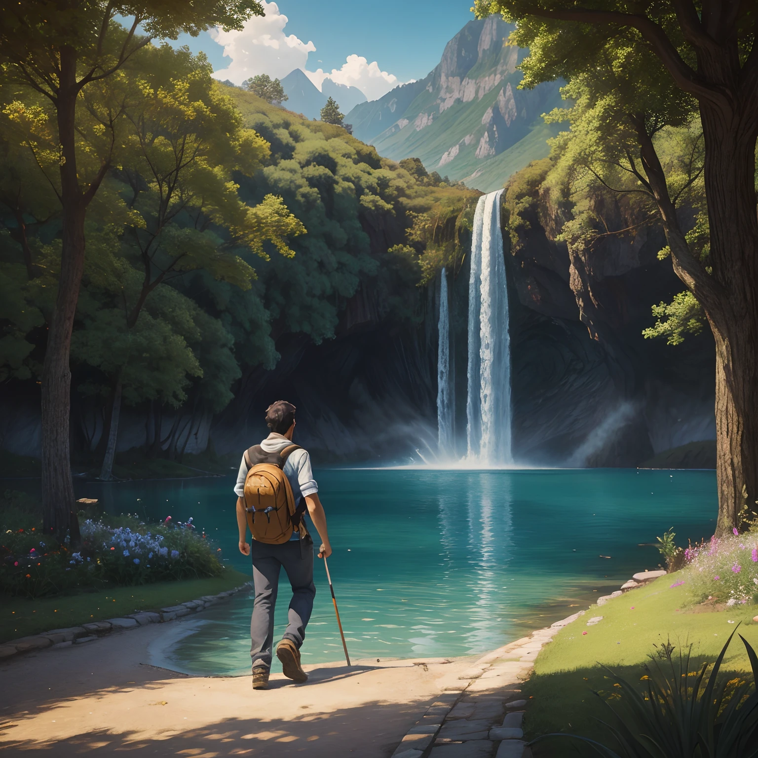 Painting of a man walking down a path towards a lake, pintura detalhada 4K, arte de fundo, scenery artwork, inspirado em Cyril Rolando, Bela arte UHD 4K, Arte digital detalhada em 4k, Cyril Rolando e Goro Fujita, scenery art detailed, 4K fosco Thomas Kinkade, anime exuberante john 8k madeiras, pintura digital altamente detalhada