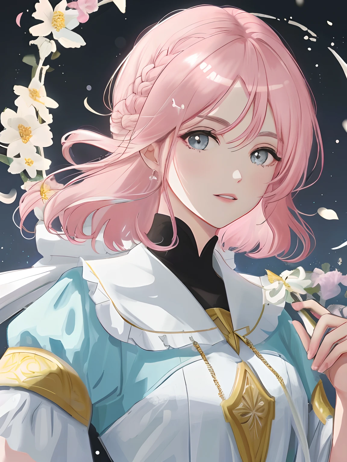 Obra-prima 8K superlativa, mulher anime, Retrato realista do vento frio, Sister, mulher de cabelo longo branco prateado, cabelos longos, light pink lips, franja calma e racional, pupilas cinzentas, fundo da flor, petals dancing, rosto delicado