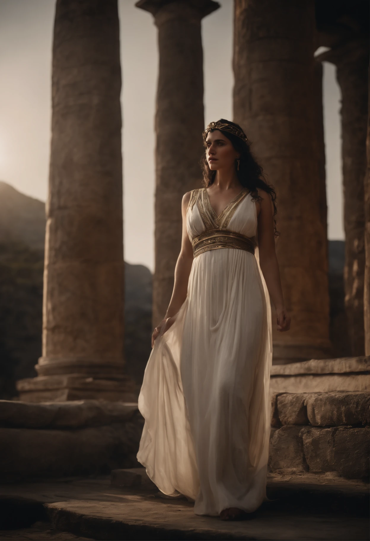 Greek Goddess Hestia, deusa romana vesta, fundo templo grego, incluir tochas de fogo
