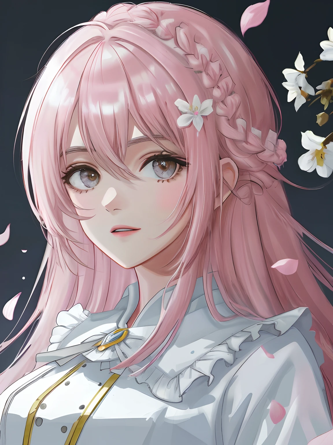 Obra-prima 8K superlativa, mulher anime, Retrato realista do vento frio, Sister, mulher de cabelo longo branco prateado, cabelos longos, light pink lips, franja calma e racional, pupilas cinzentas, fundo da flor, petals dancing, rosto delicado