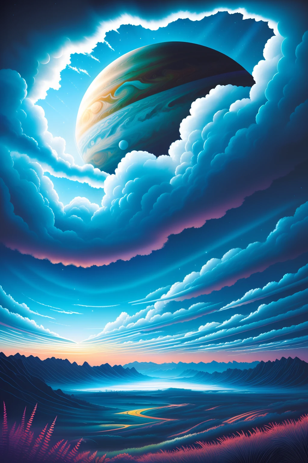 illustration of jupiter clouds by dan mumford, alien landscape and vegetation, epic scene, a lot of swirling clouds, high exposure, highly detailed, realistic, vibrant blue tinted colors, uhd