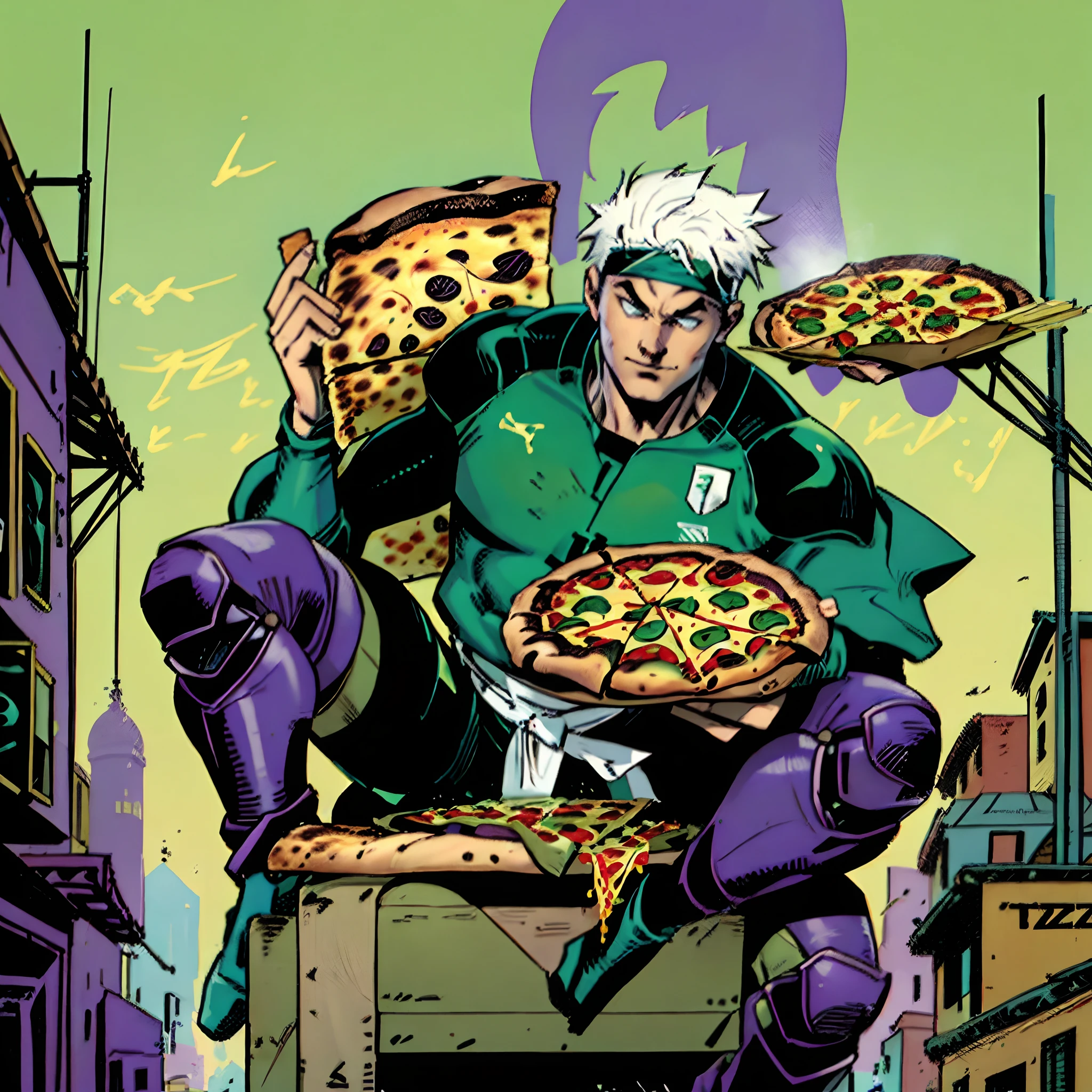 Imagine an image of Donatello, l'un des personnages des Tortues Ninja, en train de manger une pizza. He wears a jersey of the Algerian national football team. Here is a detailed description of the image :
Donatello is depicted in a seated position, holding a slice of pizza in one hand and a box of pizza in the other. Il a une expression de joie sur le visage, showing how much he enjoys pizza. His Algeria national football team jersey is green, with the team logo on the chest. He also wears a green bandana around his head, Characteristic of age Mutant Ninja Turtles.
The background of the image can be an urban setting, with buildings and streets to represent the city. You can add additional elements to make the image more dynamic, like pizza slivers flying through the air or other TeenMutant Ninja Turtles characters in the background.