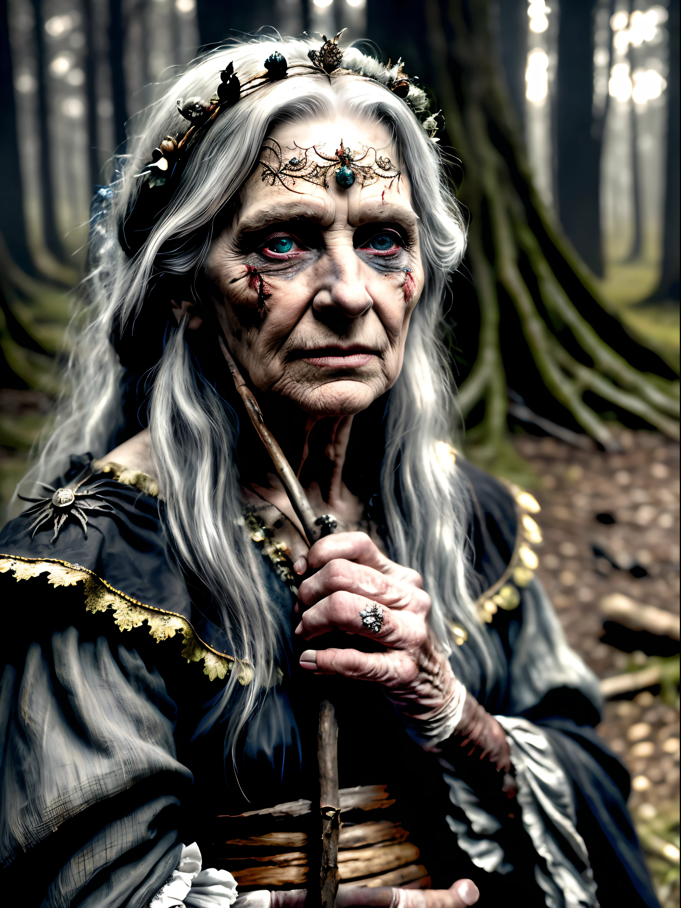 Masterpiece, Realistic, Photorealistic, Ultra Detailed, 8K, RAW photo, Depth of field, Realistic light, cinematic composition, Deep dark forest, 35 mm, Medieval aesthetics, Baba Yaga, Folklore Slavic character, torn old dress, A very old ugly woman near an old ramshackle hut, full-length portrait, Disheveled gray hair, fluttering in the wind, Hooked nose, Smudge contour, (focus: 1.2), Aesthetics of fairy tales, Cinematic lighting, Detailed face and skin texture, fantasy style, Horror atmosphere, Faded colors