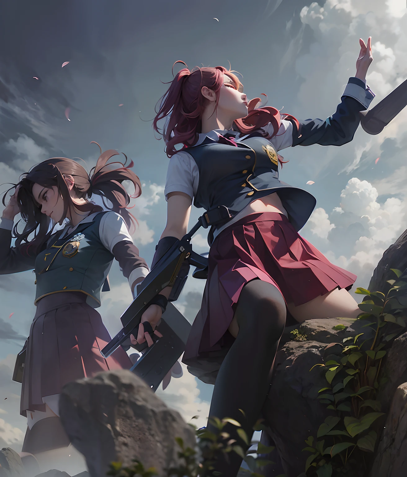 anime - style girls in school uniforms are standing on a rock, cosplay photo, anime style mixed with fujifilm, bottom angle, cinematic shot ar 9:16 -n 6 -g, cinematic outfit photo, battle pose, cyarine, annie from league of legends, character photography, anime pose, cinematic shot!, anime cosplay, combat pose, cinematic pose