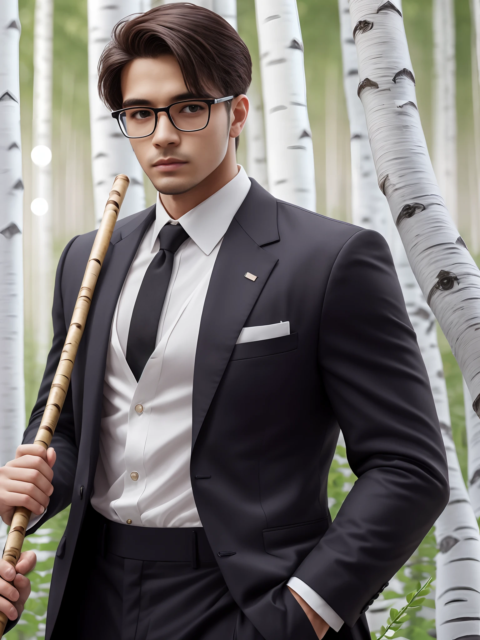 a beautiful young man, wearing glasses, white skin,big expressive eyes, black suit, with a white shirt, standing near a birch tree, holding a cane in his hand close up,4k,many detail --auto --s2