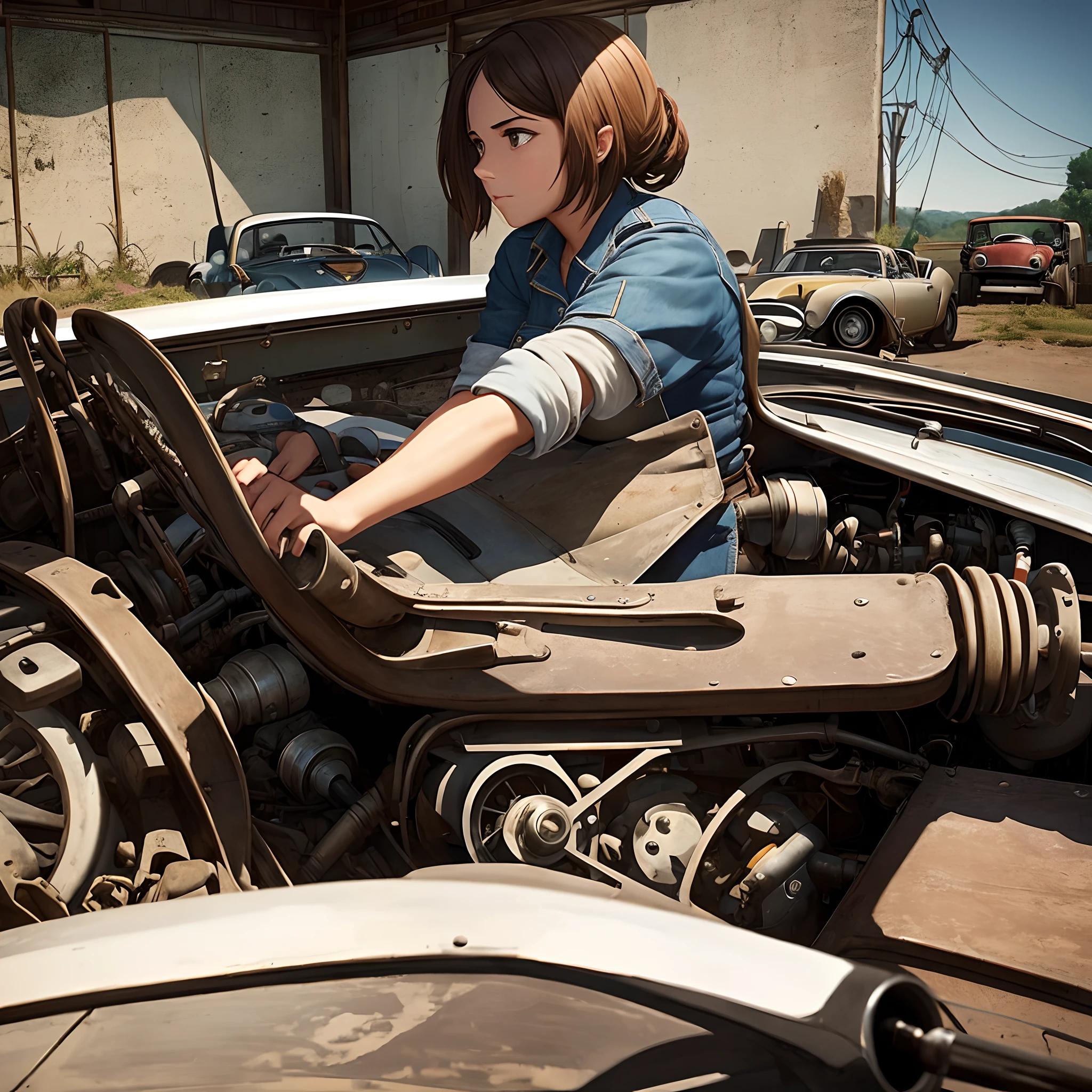 In a nostalgic setting of a vintage garage, a classic car occupies the spotlight. Its sleek lines and timeless beauty are preserved by the hands of a talented and confident female mechanic. She stands beside the car, her perfectly greased hands holding a wrench, a symbol of her passion and expertise.
Tell the story behind this captivating image. Who is this mechanic, and what drives her love for classic cars? Does she come from a long line of automotive enthusiasts, or did she stumble upon her passion by chance? Explore the challenges she faces in a traditionally male-dominated field and how she overcomes them with her determination and skills.
Consider the relationship between the mechanic and the classic car. Is it a treasured family heirloom that she’s restoring with love and devotion? Or perhaps it’s a project she took on to prove her abilities and establish herself in the industry. Dive into the intricacies of the car’s history and the memories it holds for its owner.
Furthermore, delve into the dynamics of the vintage garage. Is it a place of camaraderie and support for the mechanic, where she finds a community of like-minded individuals? Or is it a constant battleground for respect and recognition, where she must constantly prove herself? Explore how the mechanic’s presence challenges traditional gender roles and inspires others to follow their passions fearlessly.
Through this image, bring to life a tale of determination, empowerment, and the enduring love for classic cars. Let it evoke a sense of nostalgia and ignite the readers’ imagination as they enter the world of the “Reviving the Classics.”