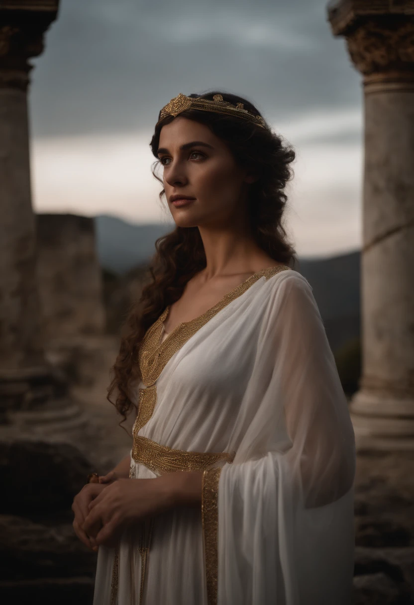 Greek Goddess Hestia, deusa romana vesta, fundo templo grego, incluir tochas de fogo, incluir fogo, vestido transparente, corpo rico em detalhes