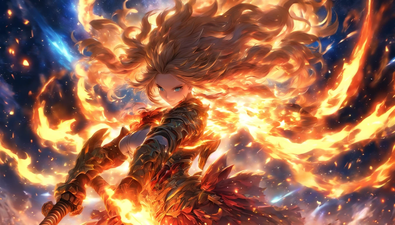 girl. god. big tits. warior. armour. flames. fire sword. night. space.