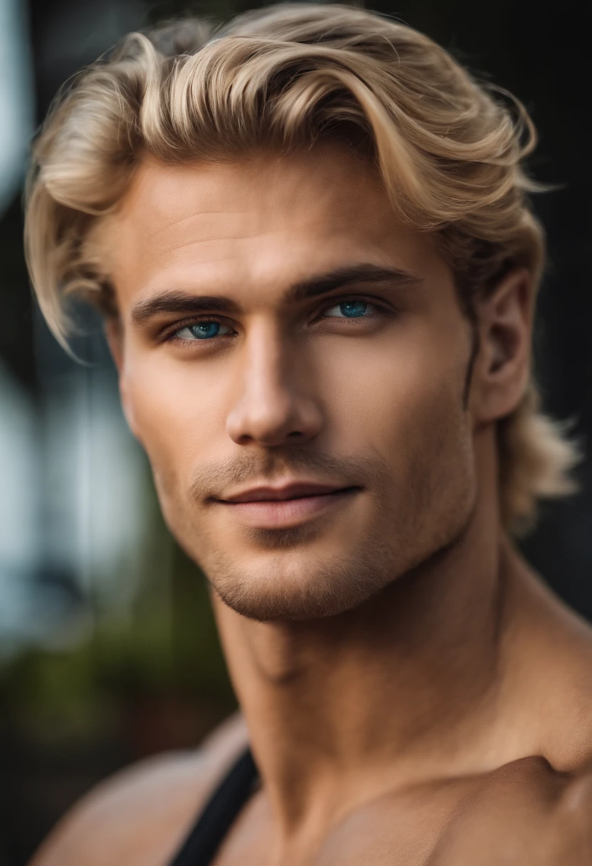 1 man, Beautiful eyes and face details, shirtless, nice body and defined muscles, best quality, blonde hair, blue eyes, Close-up, toned body, (male model) warm skin, master piece, Best qualities, Older man beautiful in the world, tattoo with Superman symbol, next to Youtuber Mara Aurore,