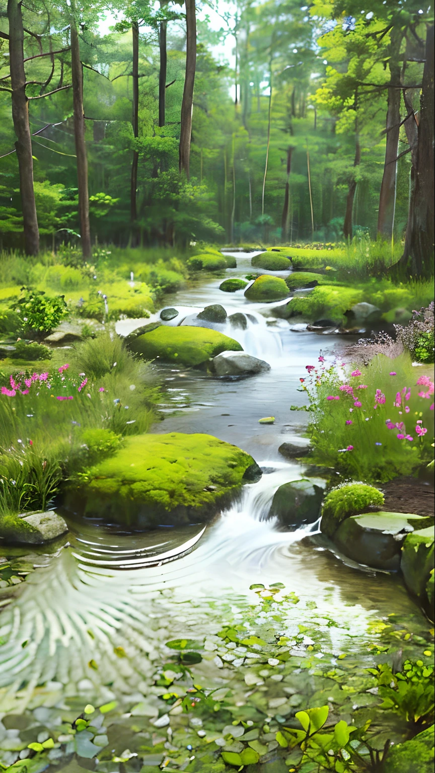 (highest quality)), (no photos of people), in the woods, frogs, quiet ponds, lots of wildflowers, streams, stones, moss,