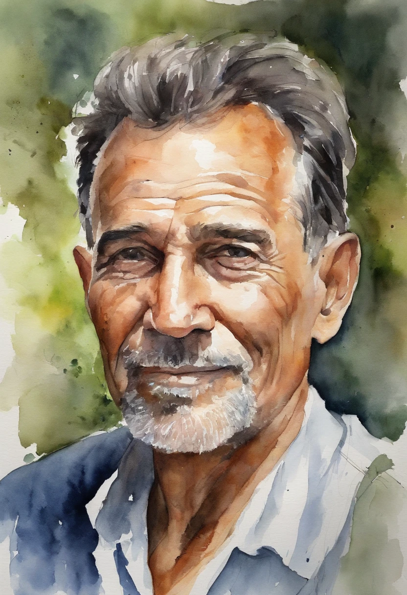 50-year-old man, look at camera, dark hair combed up, artistic half-length portrait