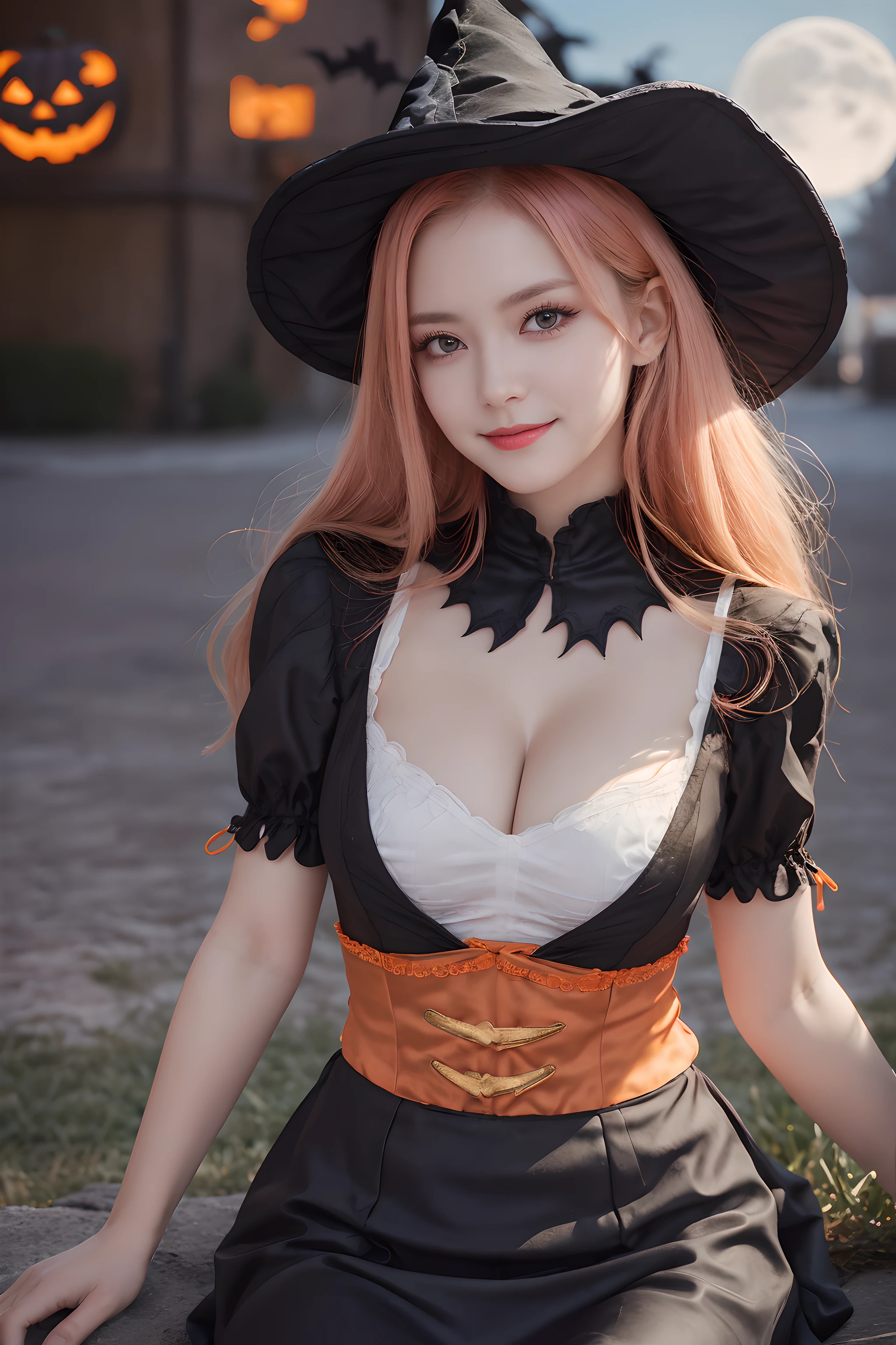 (Halloween theme:1.5), (fantasy:1.5), upper body portrait of a tall very busty beautiful women wearing halloween witch costume, skin tight full lacy ultra detailed embroidery Dirndl, (fusion of orange Dirndl and satin aodai:1.2), (purple skirt:1.3), BREAK, ((;D1.3, evil smile:1.2)), perfect face,perfect eyes,HD details,high details,sharp focus,studio photo,HD makeup,shimmery makeup,celebrity makeup,(( centered image)) (HD render)Studio portrait,magic, magical, fantasy,(huge breast)(large breast), halloween house, jack-o' challenge, pink hair, halloween background, bright pumpkin, (arms down),(arms behind),(moon light:1.3),