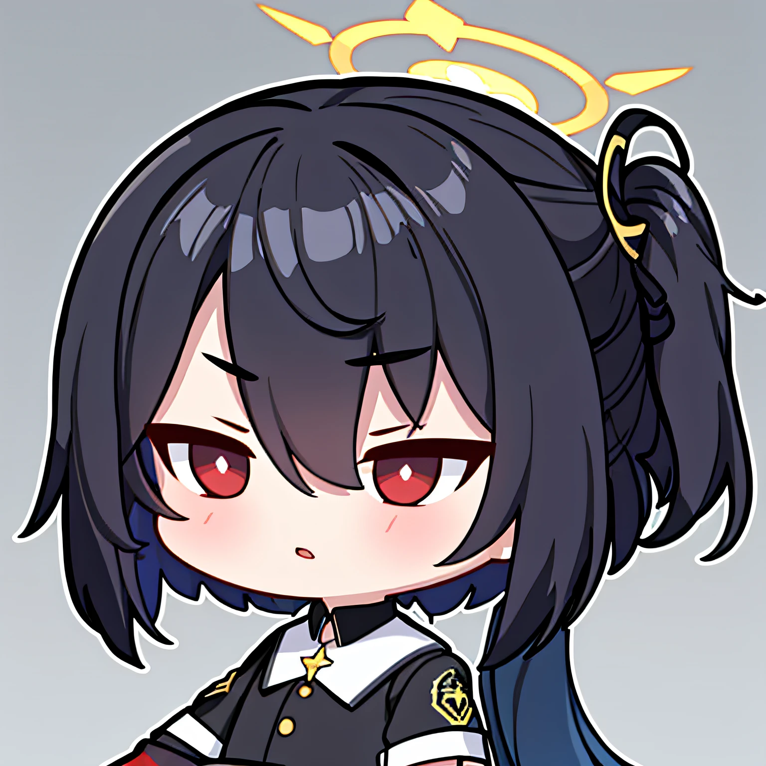 arona, 1boy, halo, cabelo curto, cabelo preto, olho vermelho, uniforme escolar, camisa preta, mangas longas, gravata borboleta branca,, fundo branco, chibi,