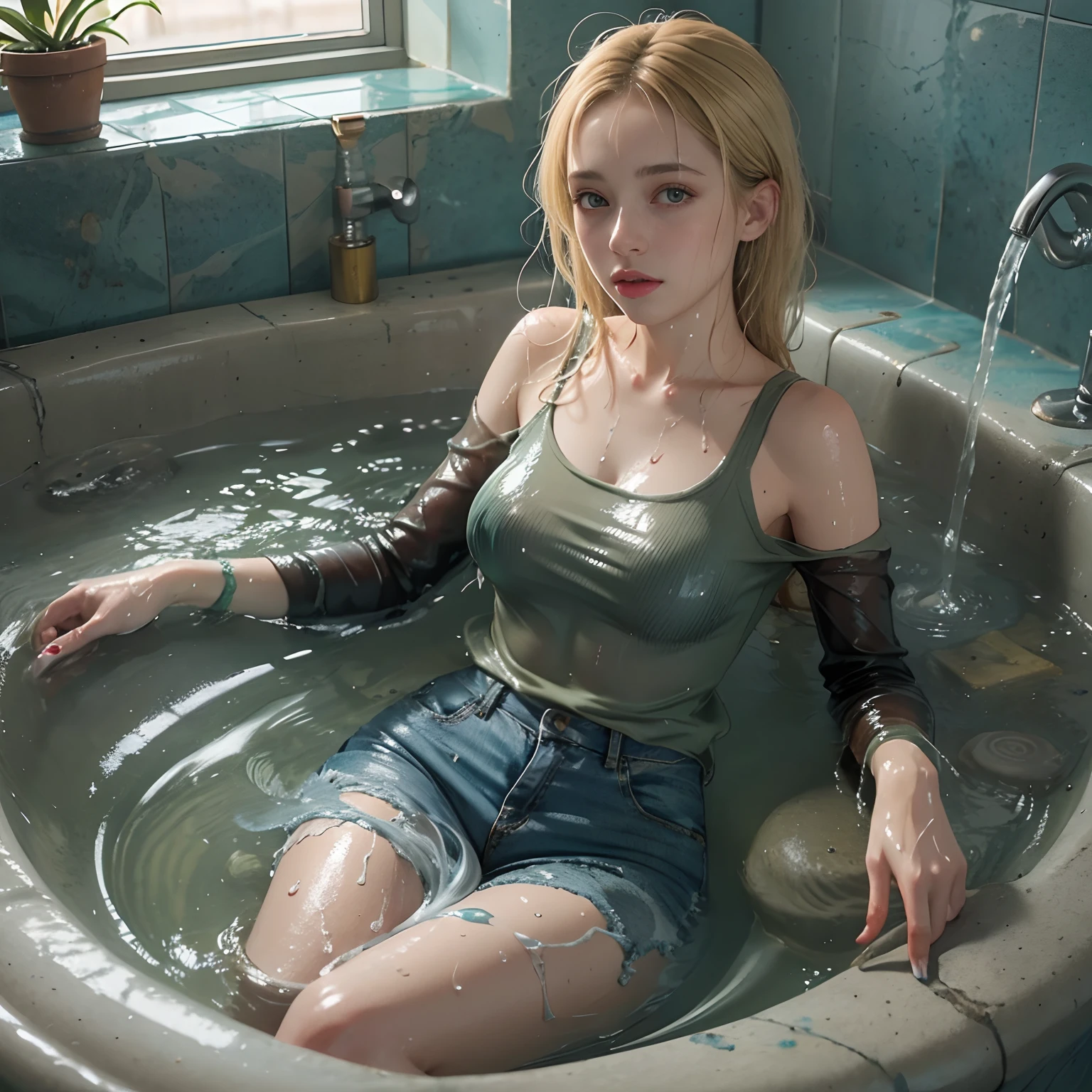 blonde, blue eyes, fair skin, scandinavian face, full body, shower, wet, bewitching, legs spread, sheer