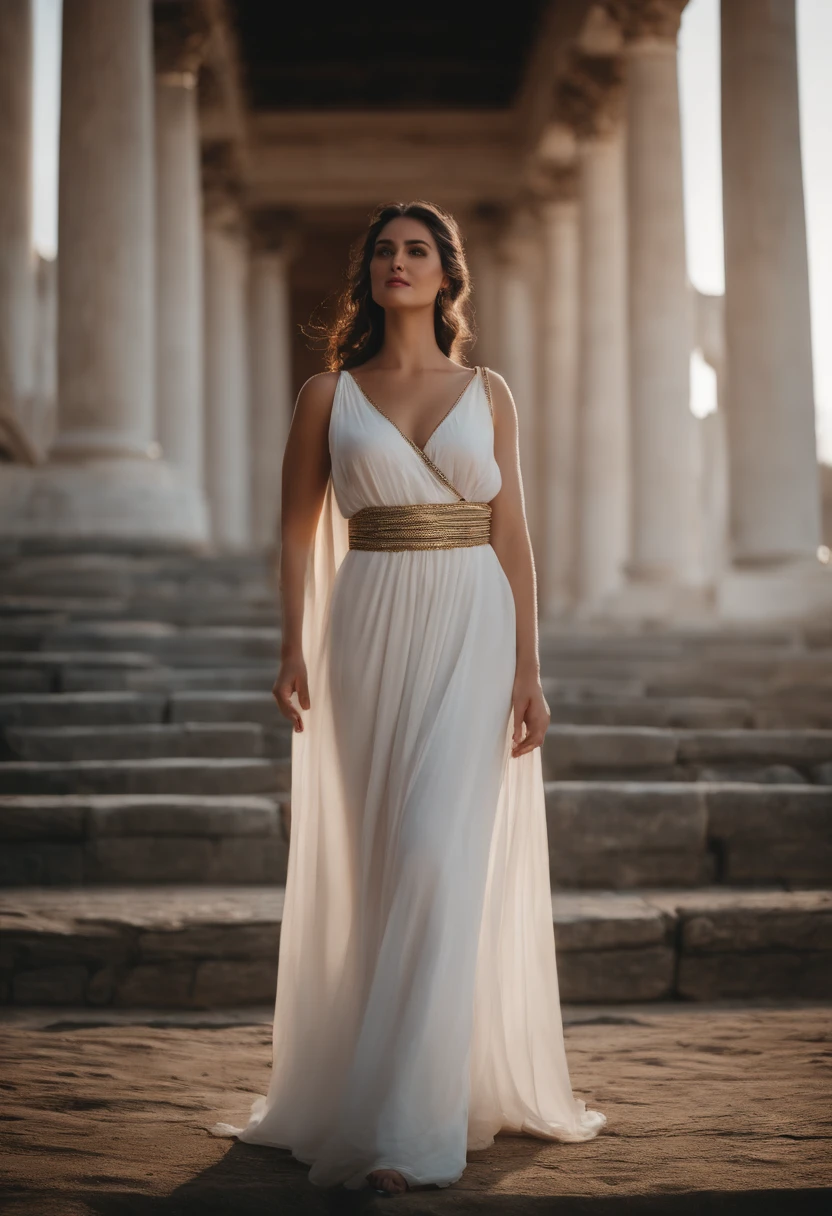 Greek Goddess Hestia, Greek temple background with several round bonfires, incluir fogo, Set the figure's outfit as a long, flowing tunic, muito transparente, corpo rico em detalhes esguio e elegante.