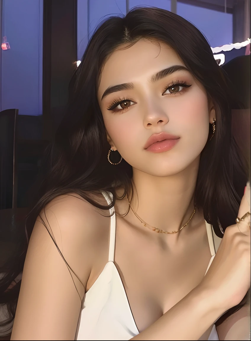 Araffed woman in white dress sitting at table with mobile phone, 19-year-old girl, Cerveja Soft Devil Queen Madison, Cerveja Madison, ela tem cerca de 1 6 anos de idade, ela tem um rosto bonito, :: Cerveja Madison, Kailee Mandel, lindo rosto latino, Madison Beer Girl Retrato, ela tem cerca de 20 anos