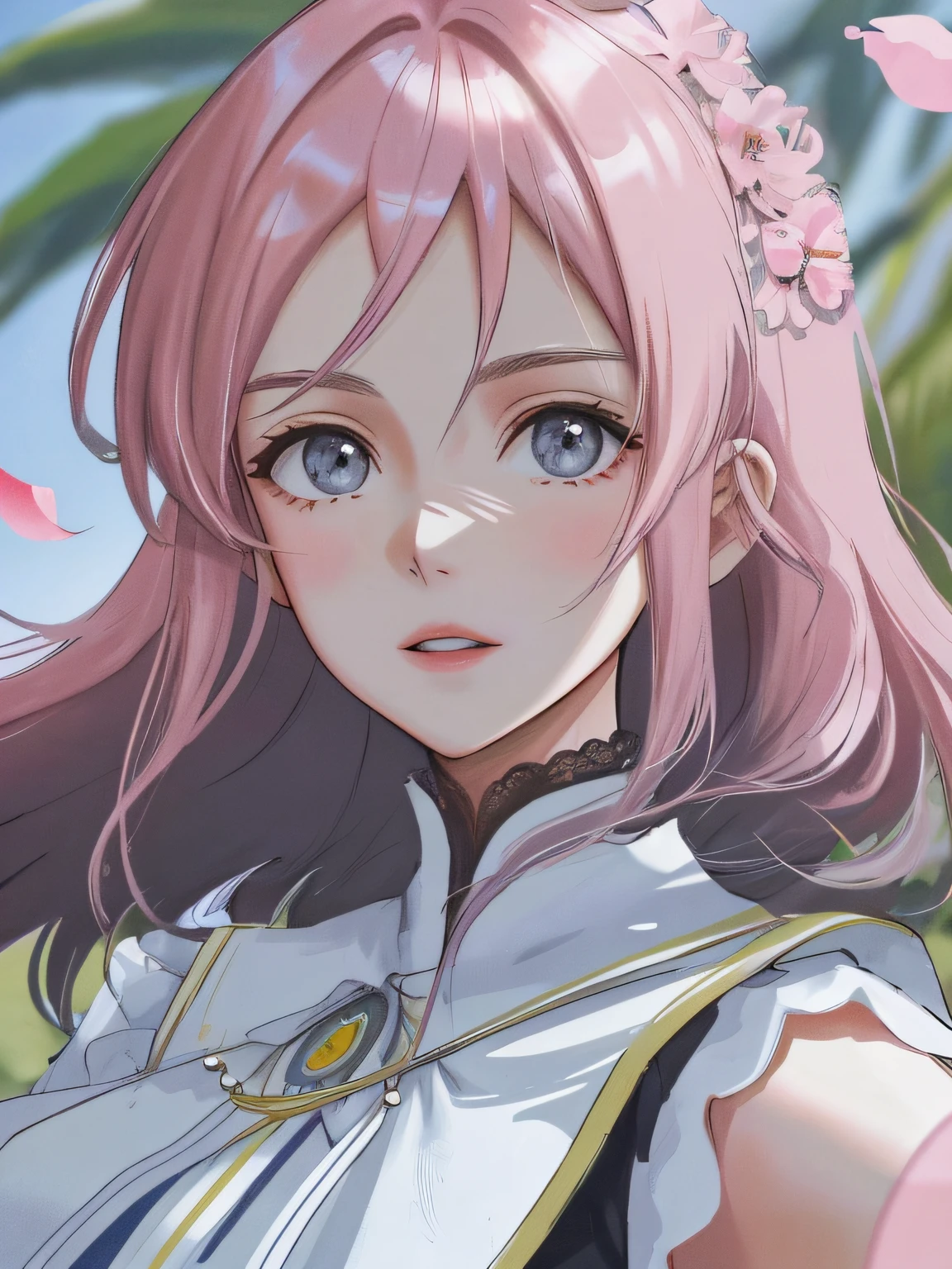 Obra-prima 8K superlativa, mulher anime, Retrato realista do vento frio, Sister, mulher de cabelo longo branco prateado, cabelos longos, light pink lips, franja calma e racional, pupilas cinzentas, fundo da flor, petals dancing, rosto delicado