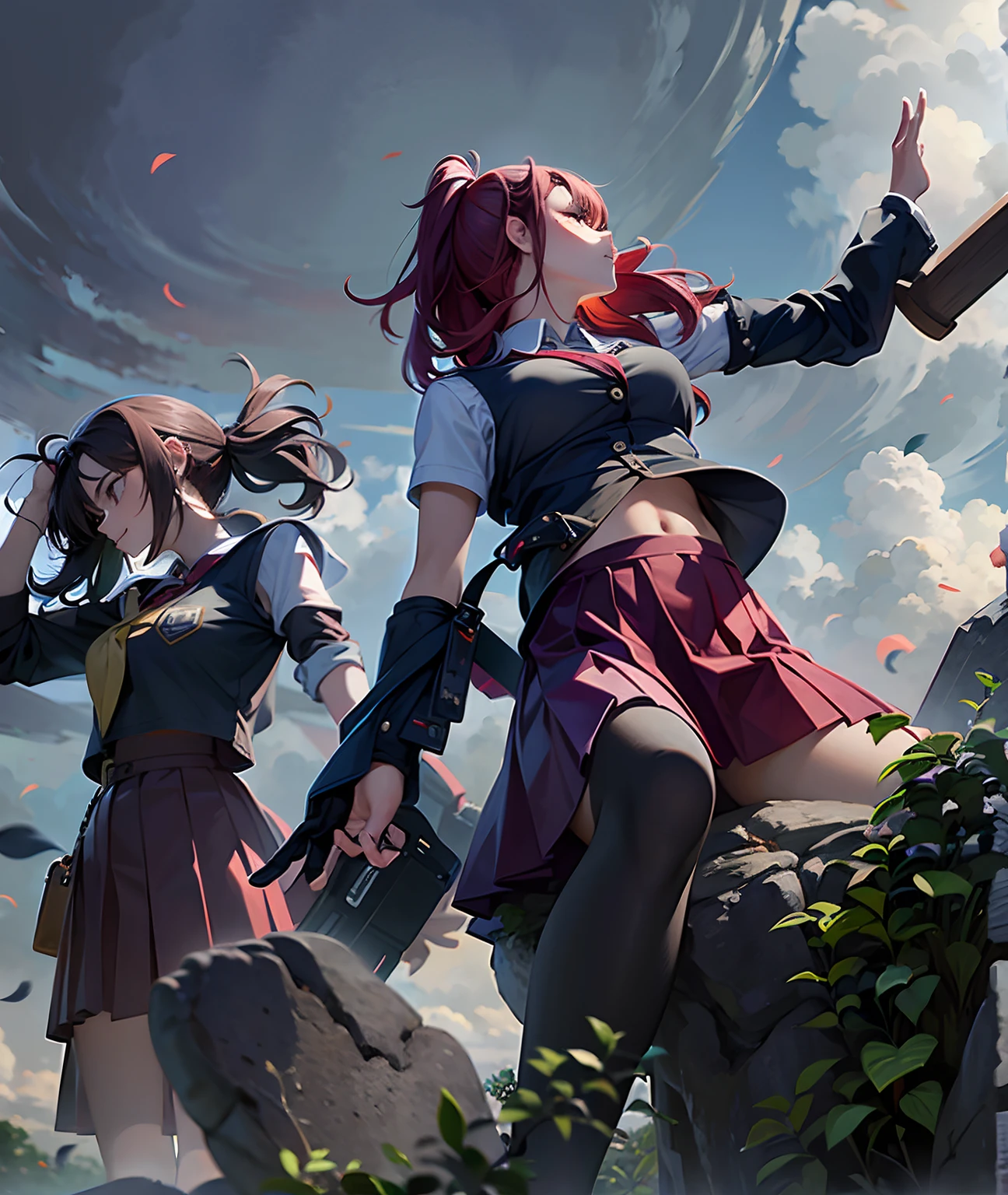 2girl,twins,school girls, red mini skirt, red sleeves, red hair, purple arm sleeve, falling rocks
