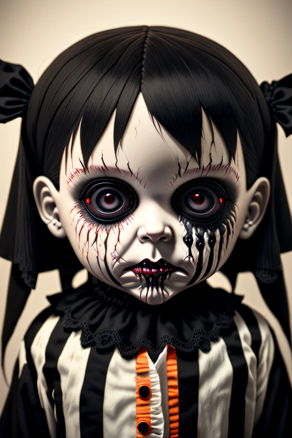 A realistic, scary and disturbing Halloween doll with spooky pitch-black eyes and drool on the mouth, painted style