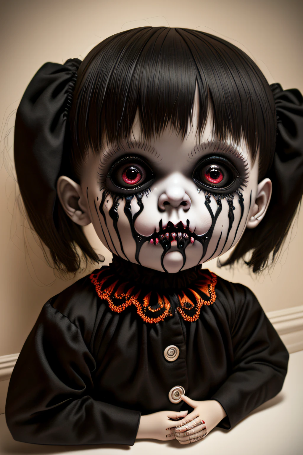 A realistic, scary and disturbing Halloween doll with spooky pitch-black eyes and drool on the mouth, painted style