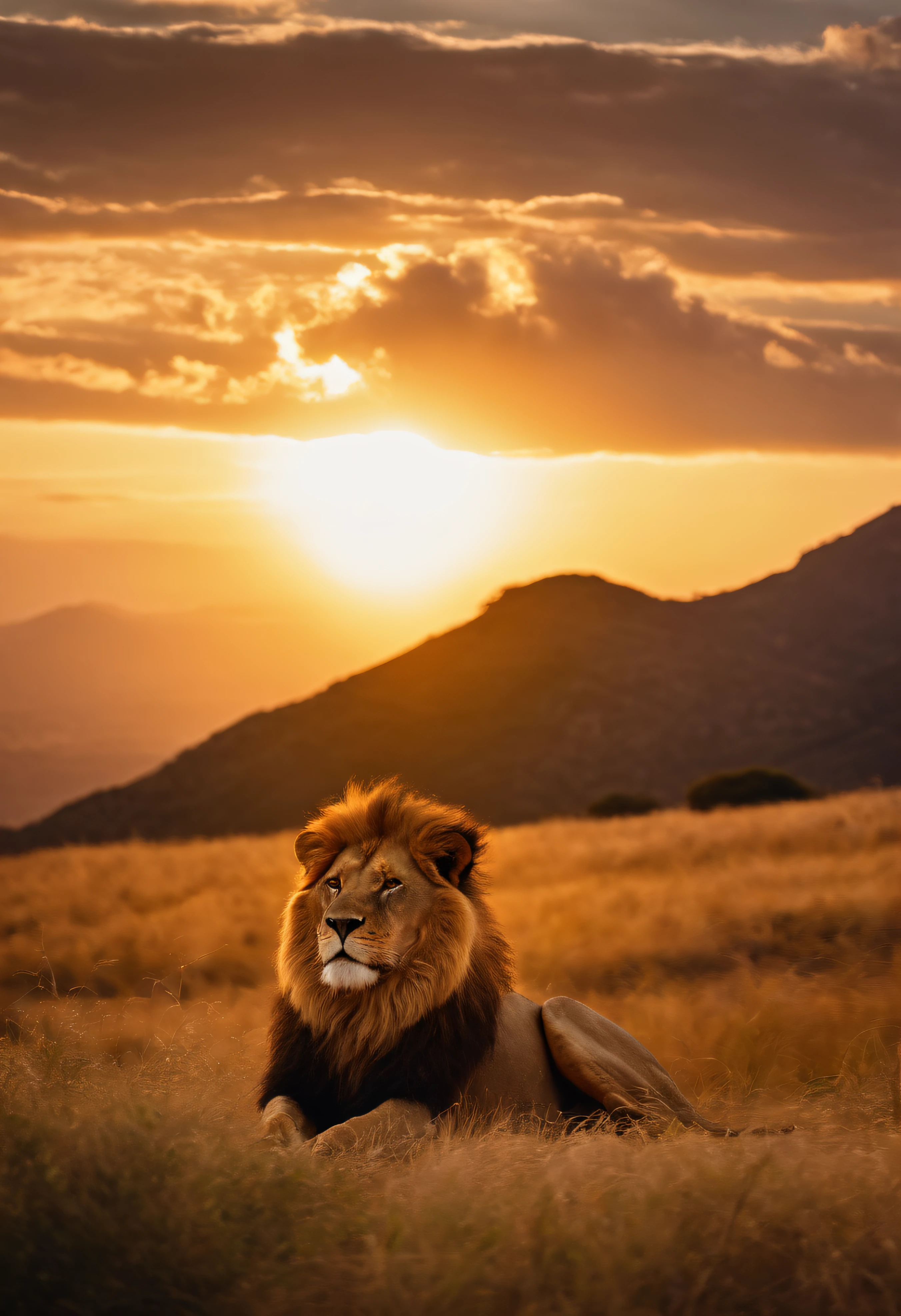 In this scenario,A majestic lion stands on top of a magnificent mountain。The background is the sun slowly setting,A luz brilha em toda a paisagem,Create warm and spectacular sunset views。The lion's mane flutters gently in the breeze,His gaze is firm and confident。Esta imagem mostra a beleza e o poder dos animais selvagens em sua ecologia natural,Ao mesmo tempo,, The grandeur and magnificence of nature is emphasized。It is an image that makes you marvel and feel the beauty of nature,The breathtaking view of the lions in the moments of sunset at the top of the mountain captures perfectly。