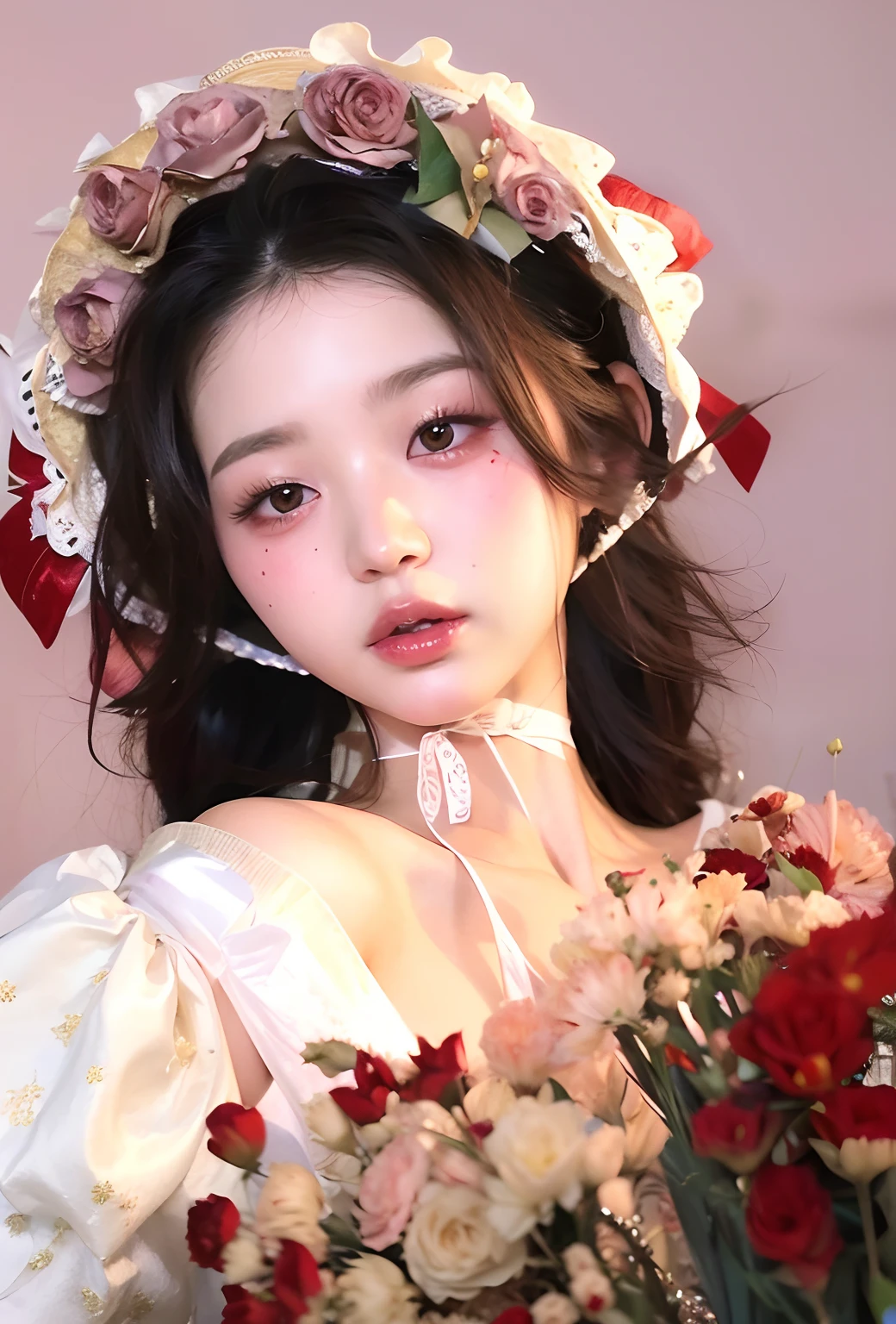 Hay una mujer con vestido y sombrero sosteniendo un ramo de flores, Sakimichan, Fairycore, Guweiz, ulzzang, Yanjun Chengt, maquillaje popular de Corea del Sur, Rococo style portrait, Rococo Queen, # RococoStyle, Hermosa Delphine, Obras de arte al estilo de Guweiz, inspirado por Yanjun Cheng