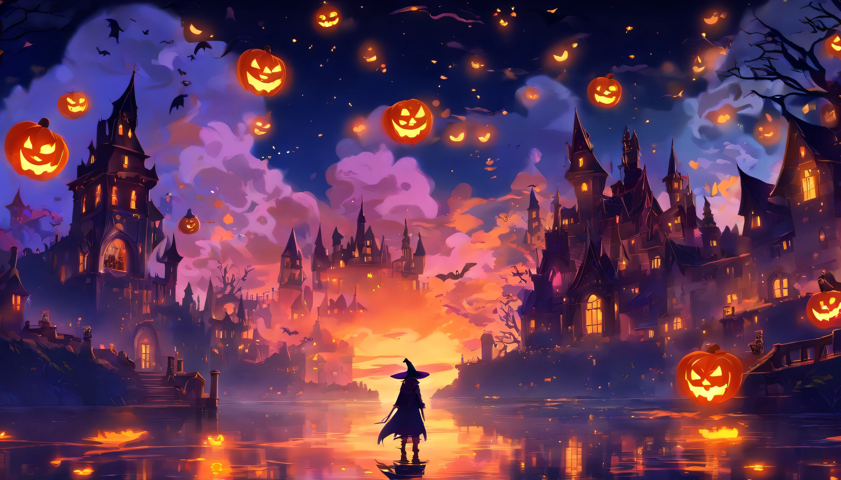 (((cartoony))),Children's drawing,Halloween floating lights, cinematic light and reflections, Glowing lights, Intermediate metaverse elements,digitial painting, glowing reflections, Pondering, Halloween Jack Lantern, calm evening, Digital illustration, Beautiful atmosphere, Skylight at night, Peaceful evening atmosphere, Jack-o'-lantern, Halloween, the night, themoon, game scenes, Halloween, Surrounded by clouds, Architecture of medieval Europe, glazed tiles, European Union, Gorgeous colors, There are three arches in the foreground((Color ink)), ( (Splash ink ) ), ((Splash ink) Inky})), tmasterpiece, high qulity, Beautiful graphics, high detal,Magnificent