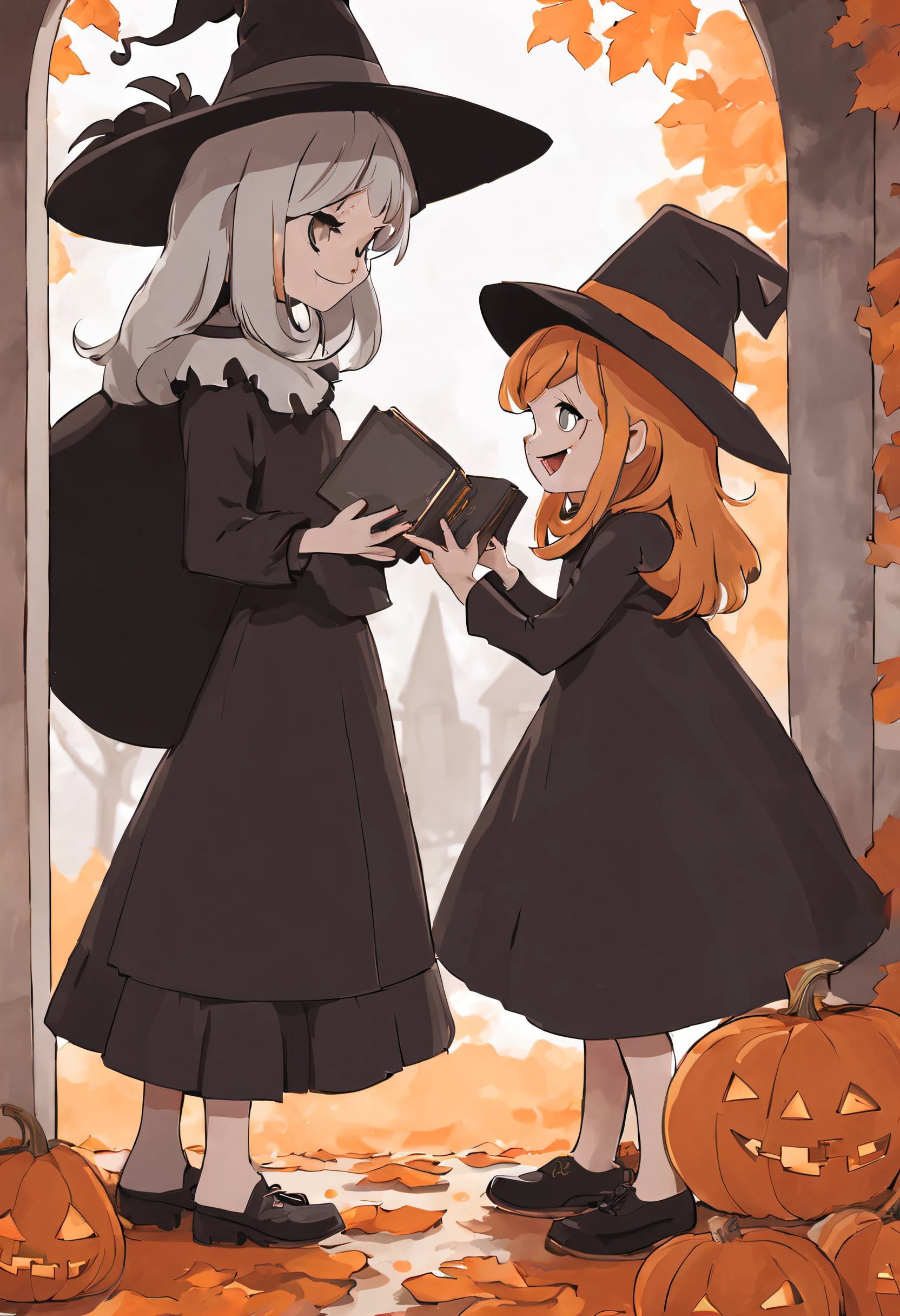 poster infantil hallowen" en blanco y negro, Two smiling girls, Tender and happy looking at each other face to face ,A girl dressed as a witch asks for candy from another girl who has a Bible in her hands, ella esta sobre unas gradas a la puerta de su casa, en la puerta de su casa, de sombra, adornos, florituras, sombra, calabazas, esqueletos