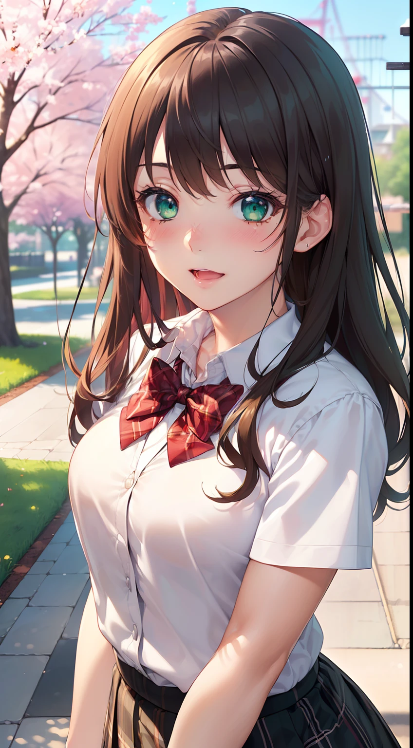 ((masterpiece, best quality, highres, UHD, perfect pixel, depth of field, 4k, RTX, HDR))), 1girl, single, solo, beautiful anime girl, beautiful artstyle, anime character, ((long hair, bangs, brown hair, curly hair:0.8)), ((green eyes:1.4, rounded eyes, beautiful eyelashes, realistic eyes)), ((detailed face, blushing:1.2)), ((smooth texture:0.75, realistic texture:0.65, photorealistic:1.1, anime CG style)), medium breasts, dynamic angle, perfect body, ((POV, close up)), ((red bowtie, school uniform, sweater uniform, white shirt, black skirt, plaid skirt)), smile, open mouth, amusement park, cherry blossom