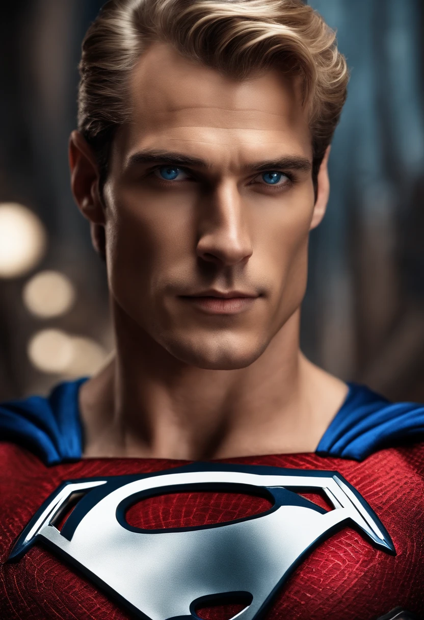 1 man as superman, tatoo superman, Beautiful eyes and face details, shirtless, nice body and defined muscles, best quality, blonde hair, blue eyes, toned body, (male model) warm skin, master piece, Best qualities, Older man handsome man in the world, Superman symbol, cinematic, realistic, futuristic, dramatic,