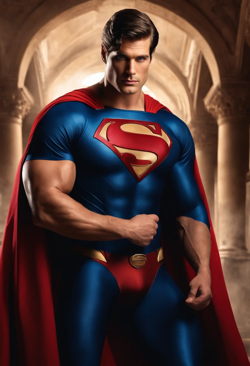 1 man as superman, tatoo superman, Beautiful eyes and face details, shirtless, nice body and defined muscles, best quality, blonde hair, blue eyes, toned body, (male model) warm skin, master piece, Best qualities, Older man handsome man in the world, Superman symbol, cinematic, realistic, futuristic, dramatic,