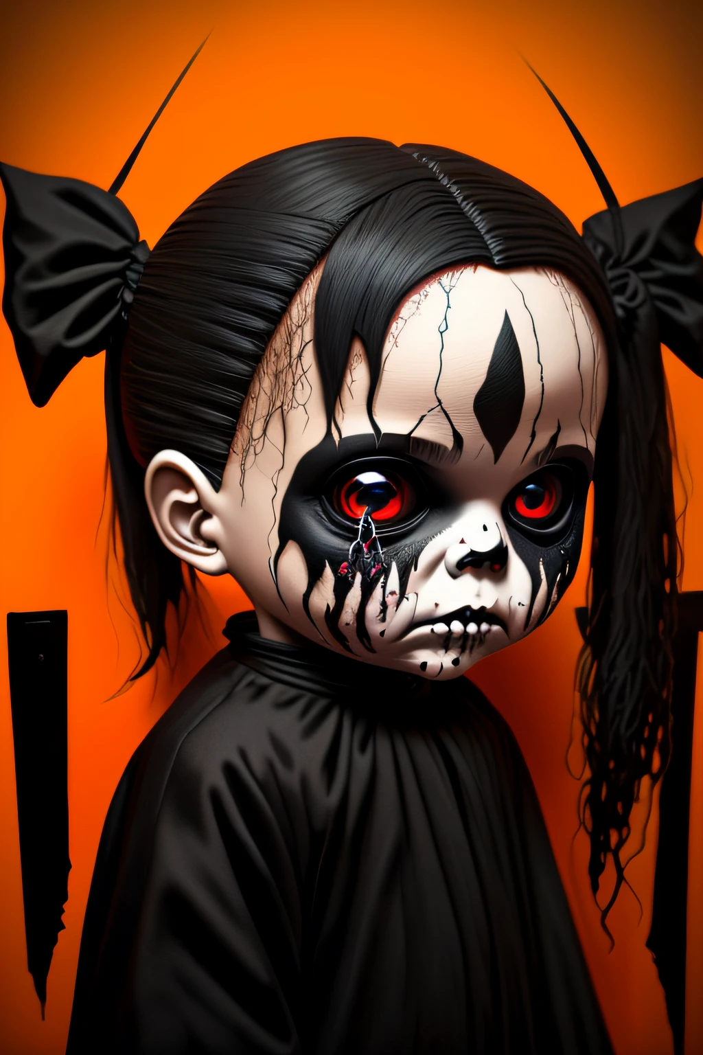 In painted style A realistic, scary and disturbing Halloween doll with spooky pitch-black eyes and drool on the mouth.