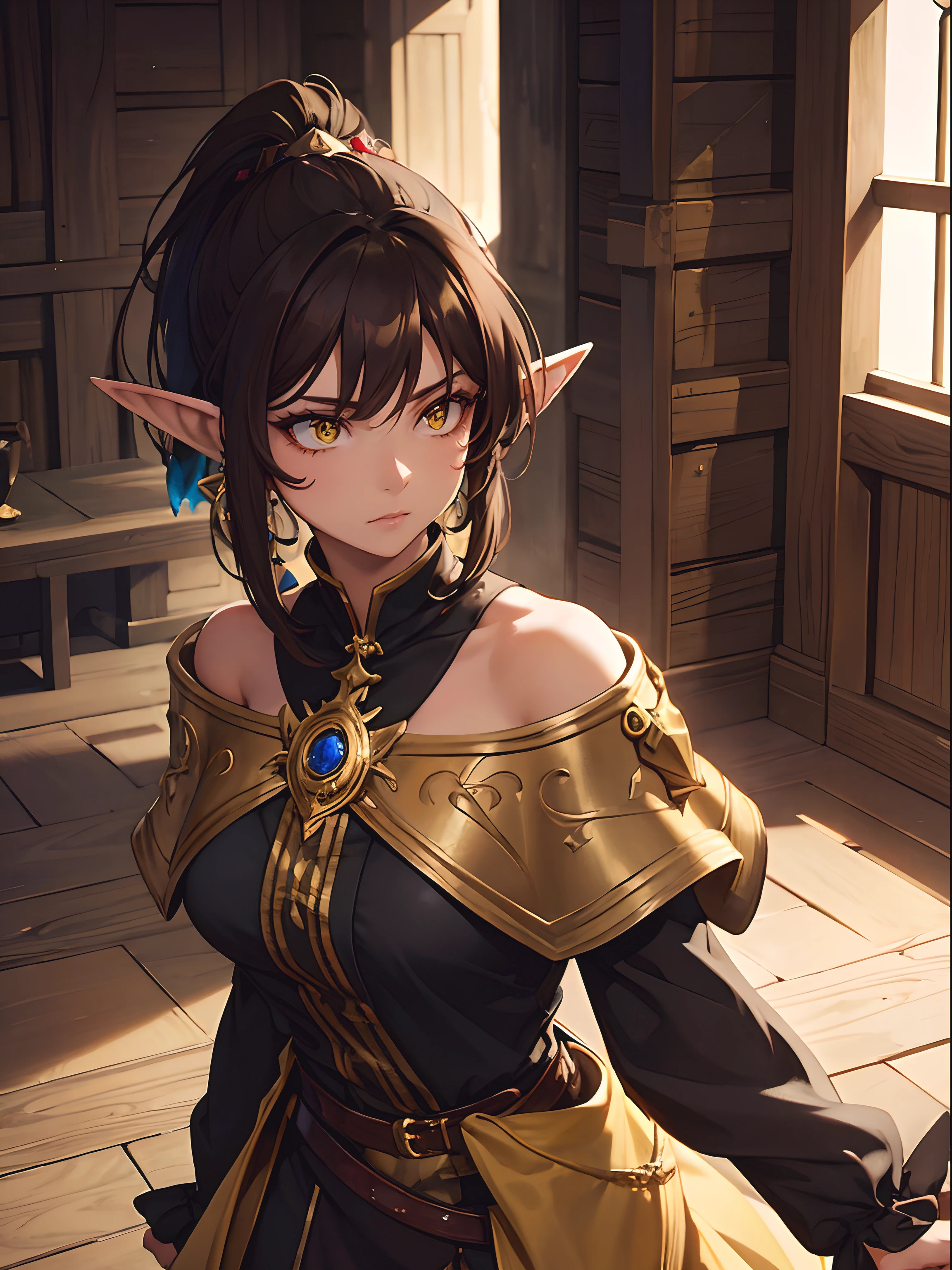 Close up, fantasy world, medieval, mansion, wooden walls, woman, elf ears, dark tanned skin, yellow eyes, dark brown hair, ponytail, neat hair, suspicious expression, yellow dress, luxurious clothes, jewelry
