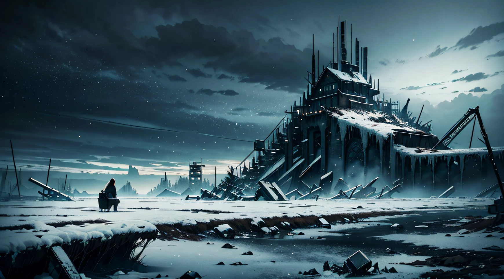dark fantasy, hopeless landscape, highly detailed landscape, tundra, falling snow, dark art, dystopian atmosphere, edge of the world, broken and frozen carts, metal fragments, chain fragments, scattered ashes, dark sky, overcast sky, gray sky, dark metal mechanized anime girl sits with crossed knees