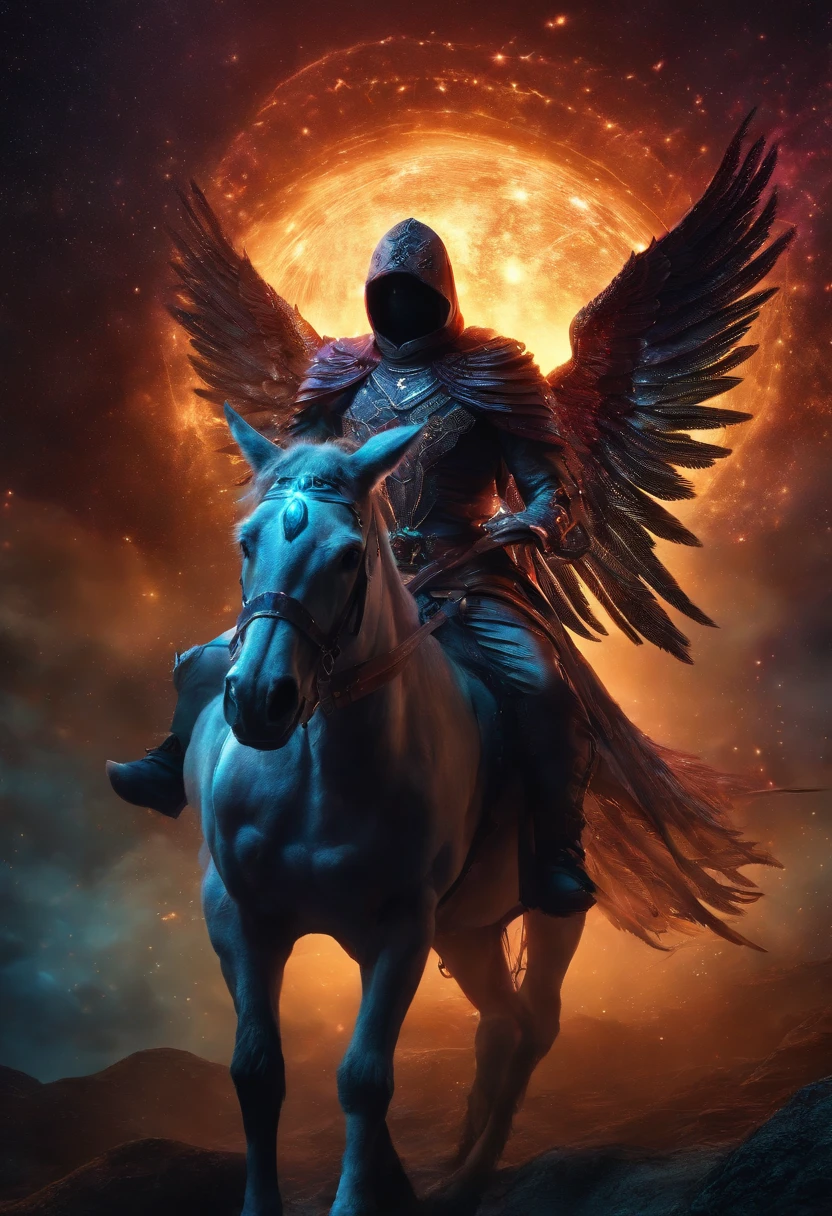 Cosmic Fallen Angel, glowing light eyes, Biomechanical, eerie, Creepy, nightmarish, Very bright colors, Light particles, with light glowing, Mshiff, wallpaper art, UHD wallpaper, riding on a donkey