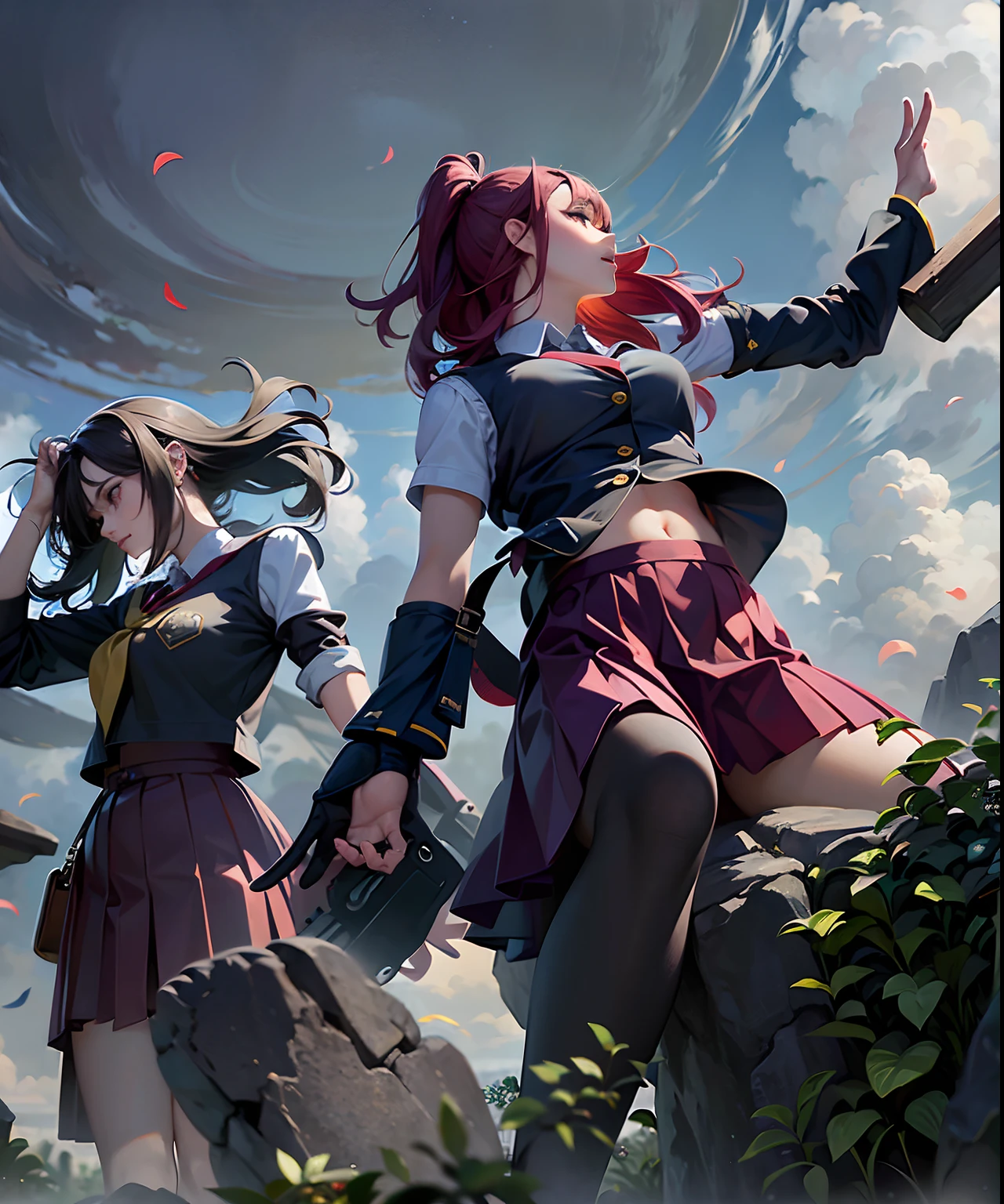 (Best quality, 4k, highres, masterpiece:1.2), ultra-detailed, (realistic:1.37)
2girl, twins, school girls, beautiful detailed eyes, long eyelashes, beautiful detailed lips, red mini skirt, red sleeves, red hair, purple arm sleeve, falling rocks, vibrant colors, vivid sunlight, dynamic pose, anime style, energetic atmosphere, playful expressions, lively interaction, lively background, sunny day, sparkling hair, fluttering skirts, youthful charm