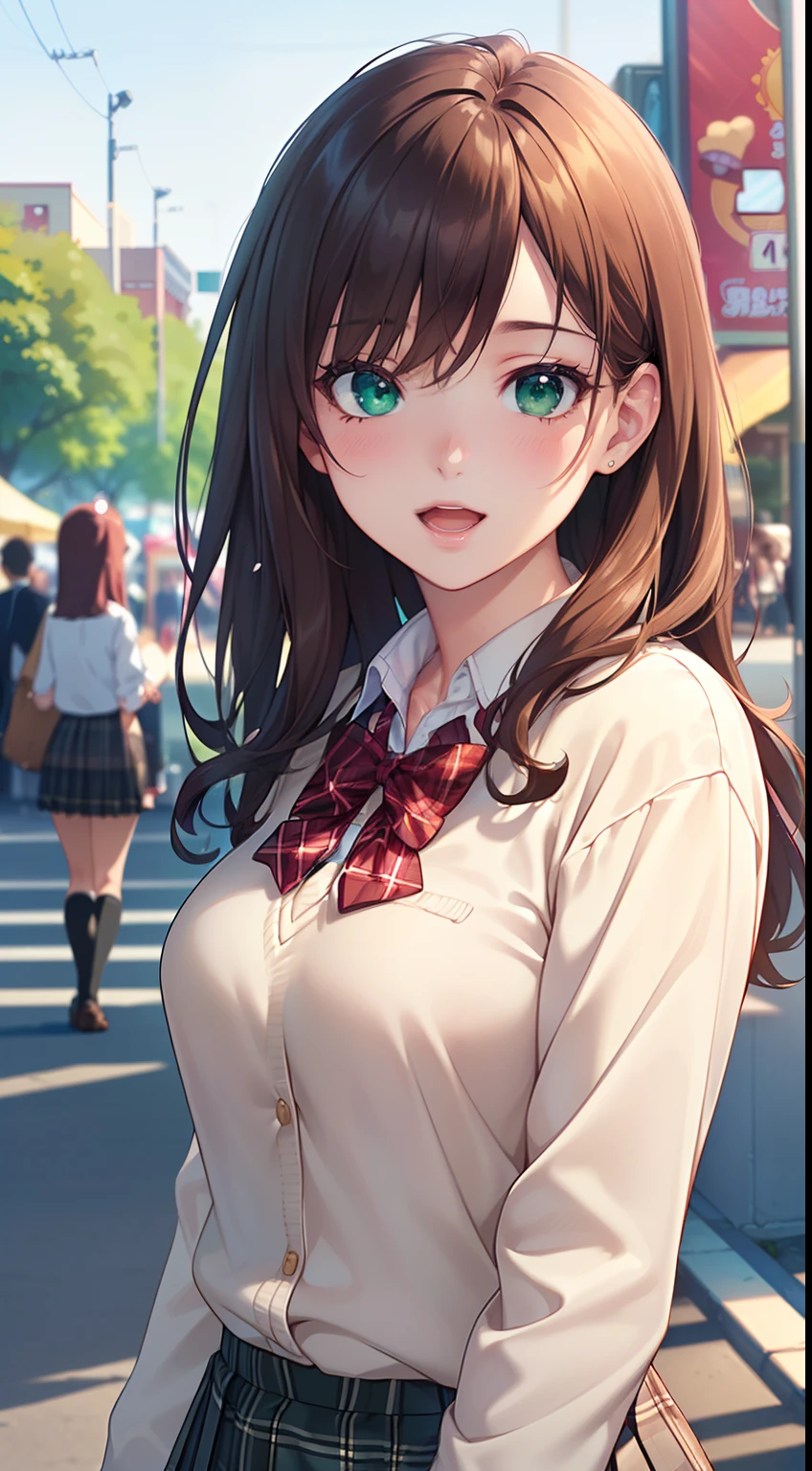((masterpiece, best quality, highres, UHD, perfect pixel, depth of field, 4k, RTX, HDR))), 1girl, single, solo, beautiful anime girl, beautiful artstyle, anime character, ((long hair, bangs, brown hair, curly hair:0.8)), ((green eyes:1.4, rounded eyes, beautiful eyelashes, realistic eyes)), ((detailed face, blushing:1.2)), ((smooth texture:0.75, realistic texture:0.65, photorealistic:1.1, anime CG style)), medium breasts, dynamic angle, perfect body, ((POV, close up)), ((red bowtie, school uniform, sweater uniform, white shirt, black skirt, plaid skirt)), smile, open mouth, amusement park, cherry blossom