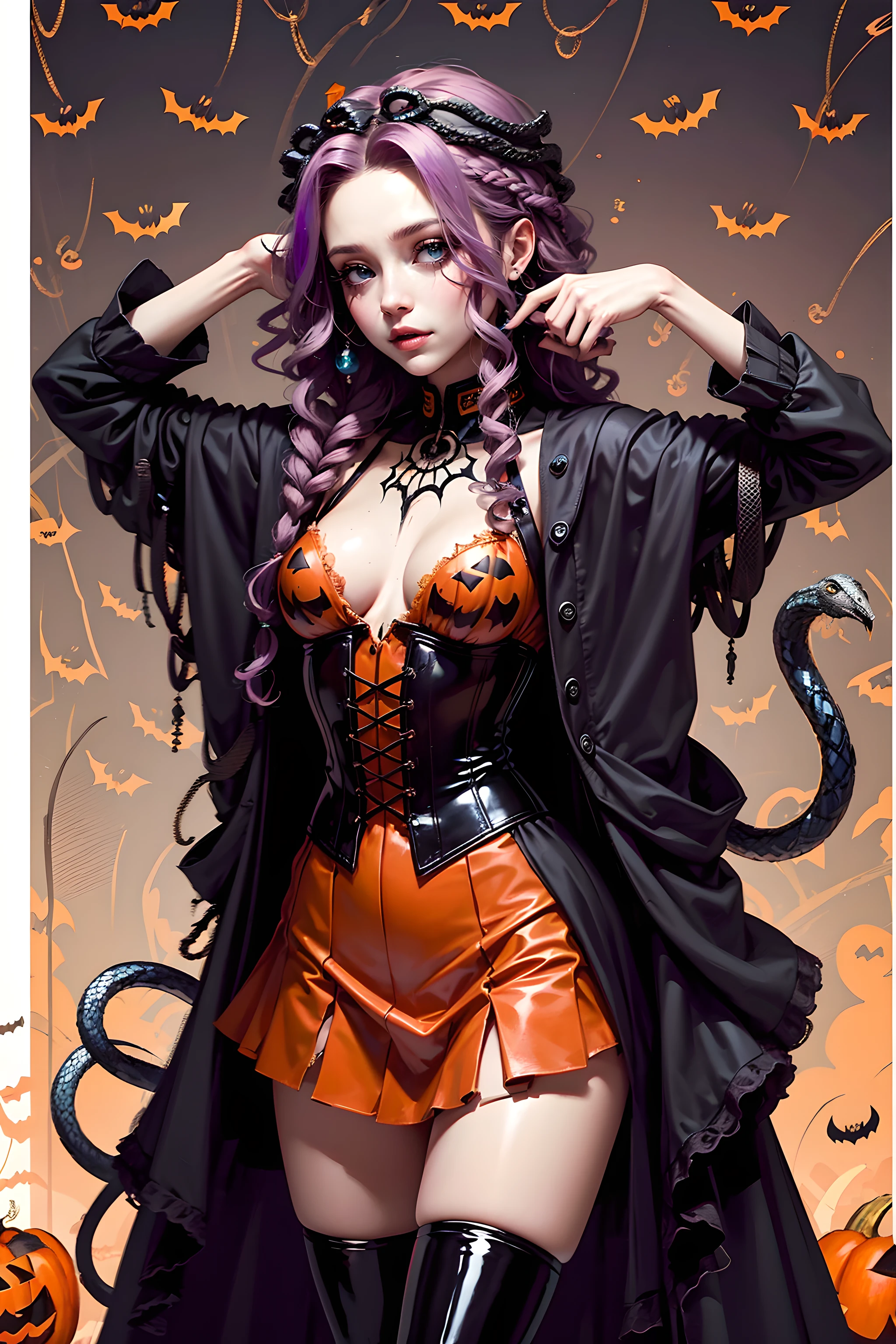 (Halloween theme:1.2), (fantasy:1.2), monster girls, long hair, snakes, gorgon, snake hair, BREAK, Beautiful illustration, top-quality, (cute Russian medusa girl, white people:1.3, Caucasian:1.3), having medusa features, (medusa:1.5), BREAK, (medusa hair:1.5), (snake hair:1.3), (hair is composed of countless small snakes:1.3), (blue eyes, pale skin:1.1), (beautiful, 20 years old:1.5), slim, slender, (small-medium breasts), clean face:1.3, BREAK, (black elegant full lacy dress), (latex corset), (black latex stockings), (knee-high-over-boots, pin-hells), (insanely detailed clothes), BREAK, arms behind back, arms up on head, blue eyess, lovely thighs、jack o'lantern, (looking straight at the viewer), (view viewer:1.3), (upper body:1.3), top angle, (((halloween background:1.5))),