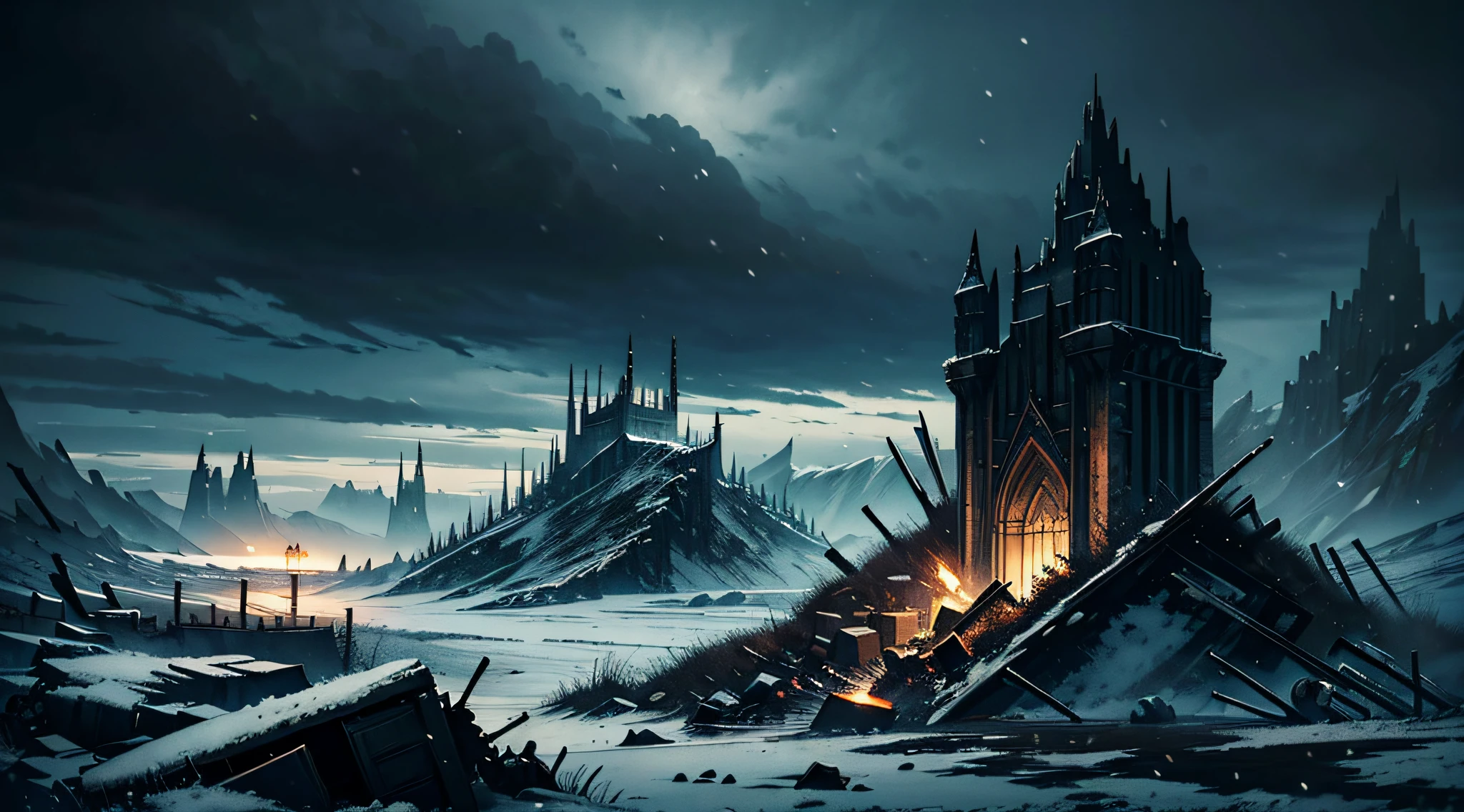 dark fantasy, hopeless landscape, highly detailed landscape, tundra, falling snow, dark art, dystopian atmosphere, edge of the world, broken and frozen carts, metal fragments, chain fragments, scattered ashes, dark sky, overcast sky, gray sky, dark metal mechanized anime girl sits with crossed knees
