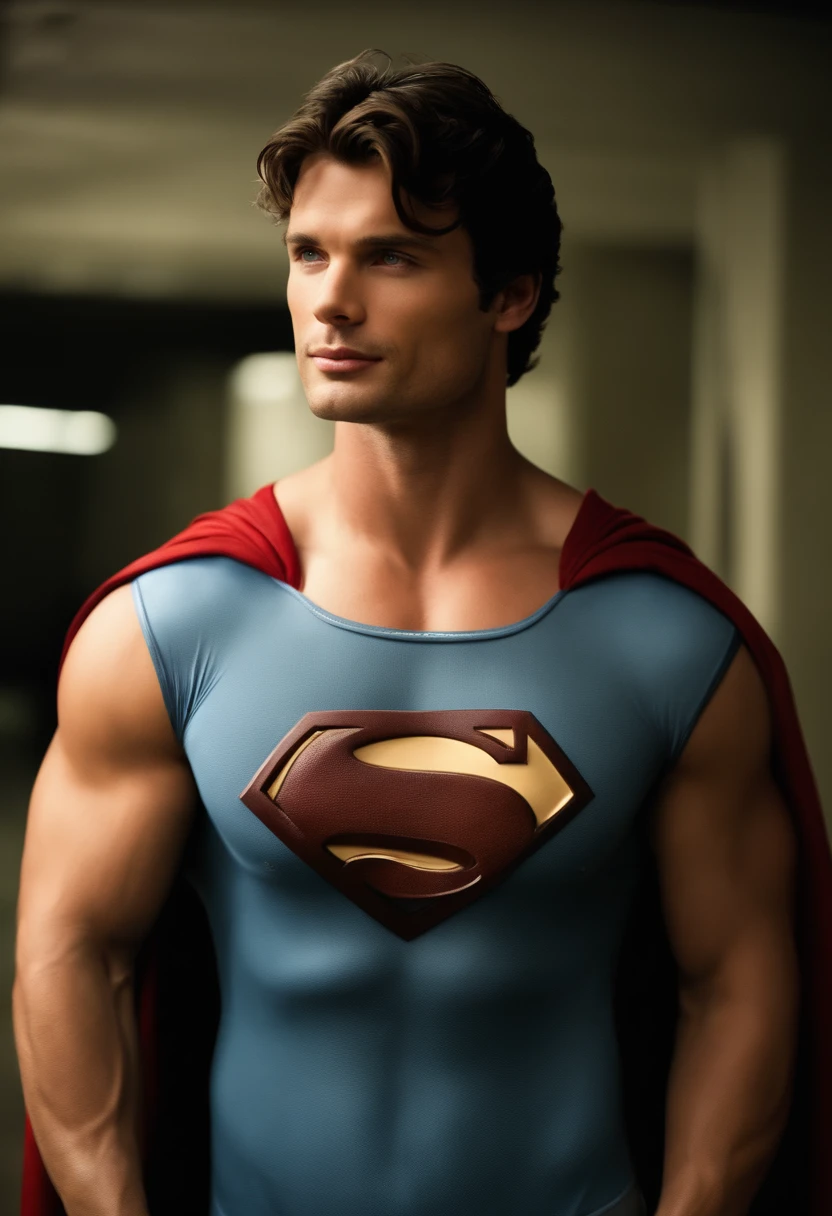 1 man as superman, Tom Welling of the Smallville serie, tatoo superman, Beautiful eyes and face details, shirtless, nice body and defined muscles, best quality, blonde hair, blue eyes, toned body, (male model) warm skin, master piece, Best qualities, Older man handsome man in the world, Superman symbol,