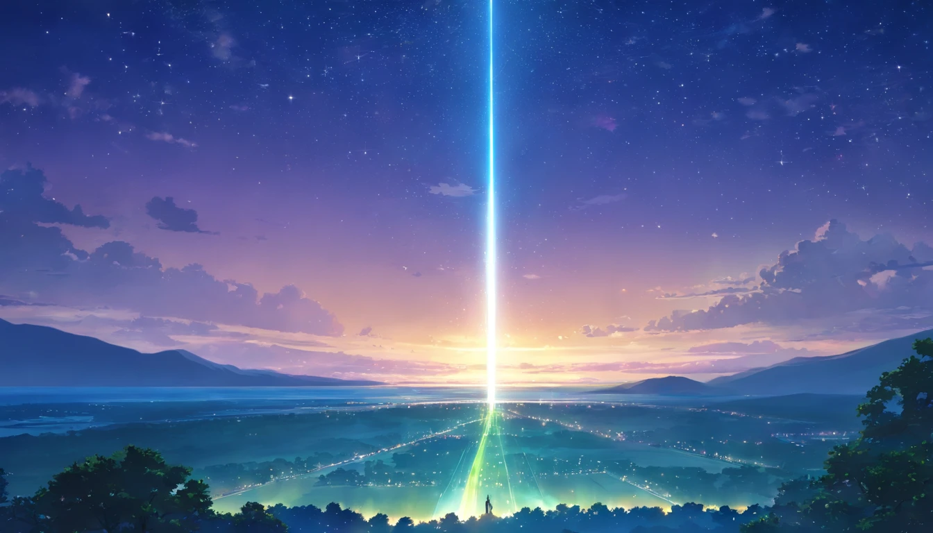 A pillar of light with stars gathered in the night sky falls on an empty horizon，Cross the sky from bottom to top，Bright light