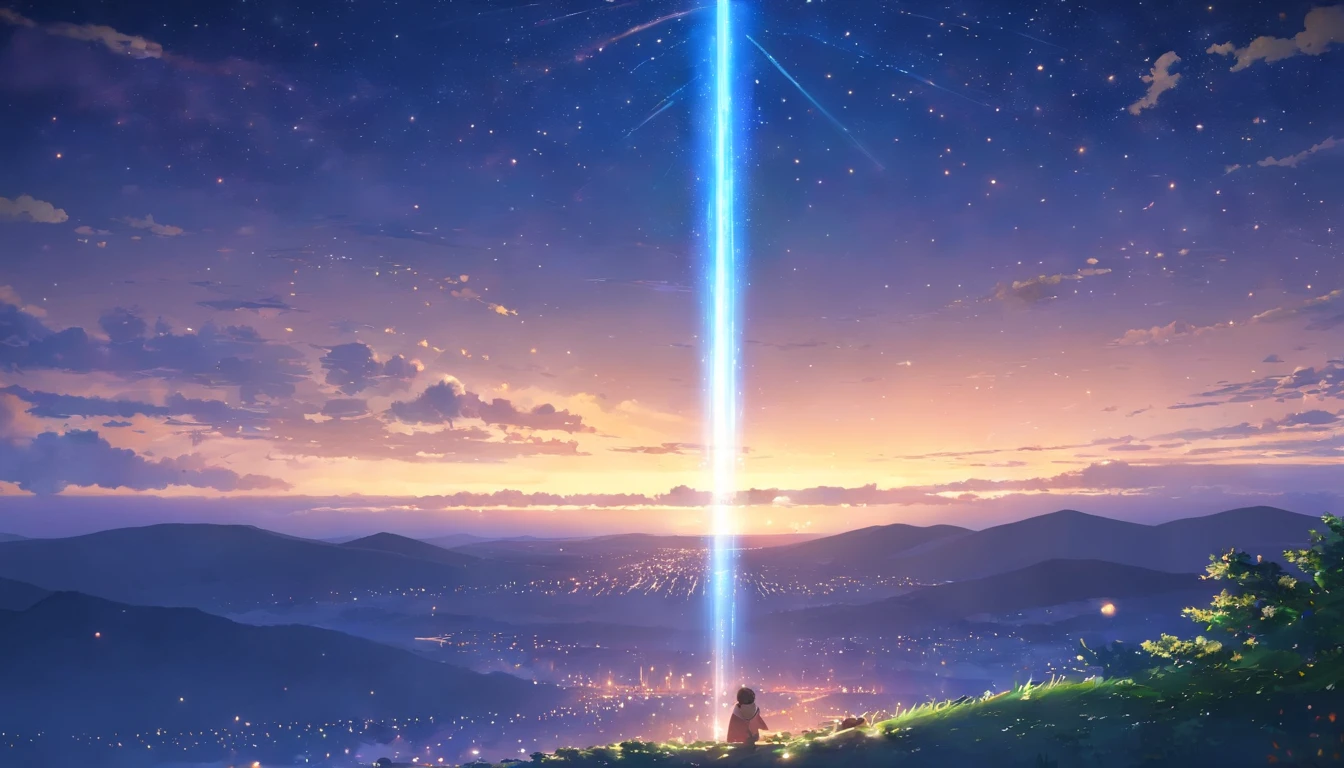 A pillar of light with stars gathered in the night sky falls on an empty horizon,Cross the sky from bottom to top,Bright light