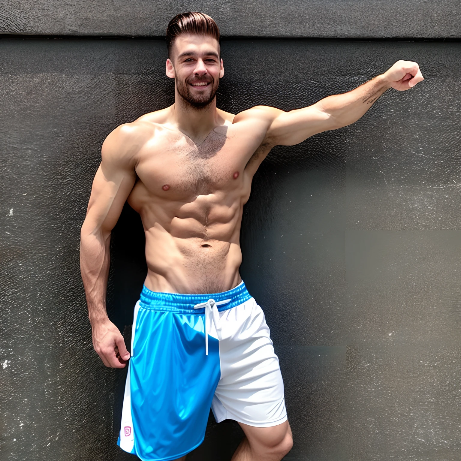 Athletic man wearing basketball shorts with happy trail, hairy armpits and hairy legs