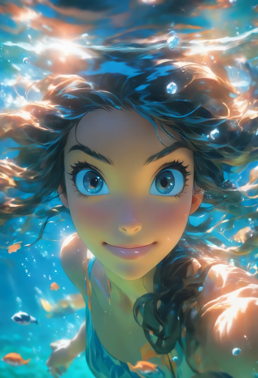 "best quality, masterpiece, detailed underwater scene of a 1girl with long, black hair and blue eyes. The girl is swimming in clear water, with sunlight filtering through the surface, creating dappled patterns of light on her skin. There are air bubbles rising from her mouth as she breathes. She appears calm and serene, looking directly at the viewer with a hint of a smile. Her long hair is flowing in the water, adding to the sense of movement. The overall image is a stunning example of foreshortening and depth of field, capturing the ethereal beauty of the underwater world. The colors in the scene are vibrant and captivating, highlighting the girl's features and the surrounding aquatic environment. The lighting is soft and natural, enhancing the dream-like atmosphere. This artwork is a true masterpiece, showcasing the artist's skill in creating ultra-detailed and realistic portrayals of the human form in water. It is a captivating and visually stunning piece that evokes a sense of tranquility and wonder."