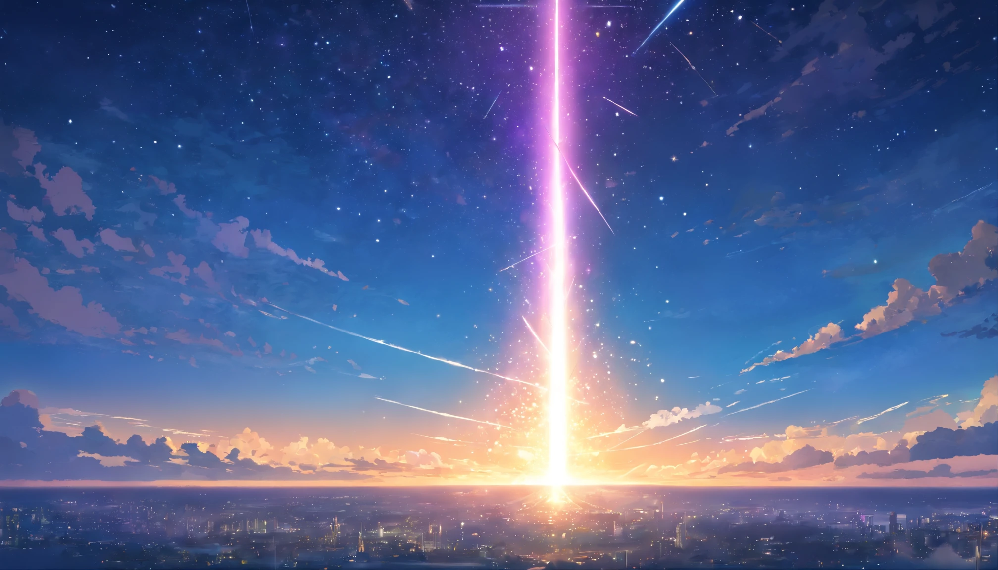 A pillar of light with stars gathered in the night sky falls on an empty horizon，Cross the sky from bottom to top，Bright light