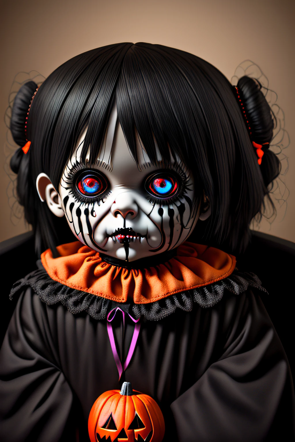 In AI style A realistic, scary and disturbing Halloween doll with spooky pitch-black eyes and drool on the mouth.