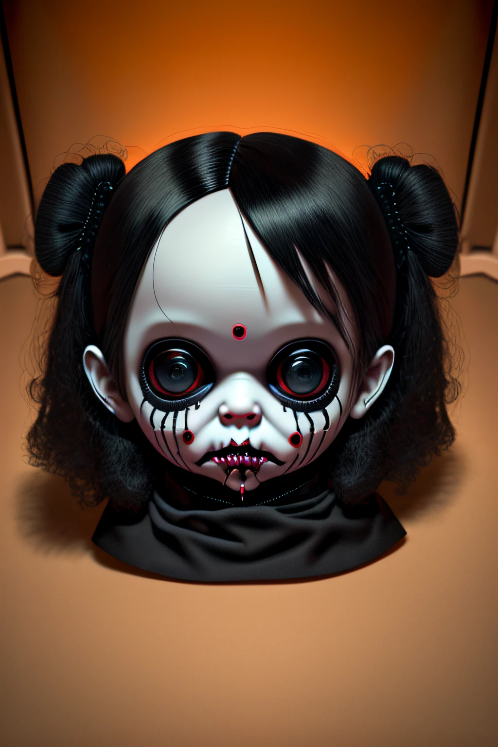 In AI style A realistic, scary and disturbing Halloween doll with spooky pitch-black eyes and drool on the mouth.